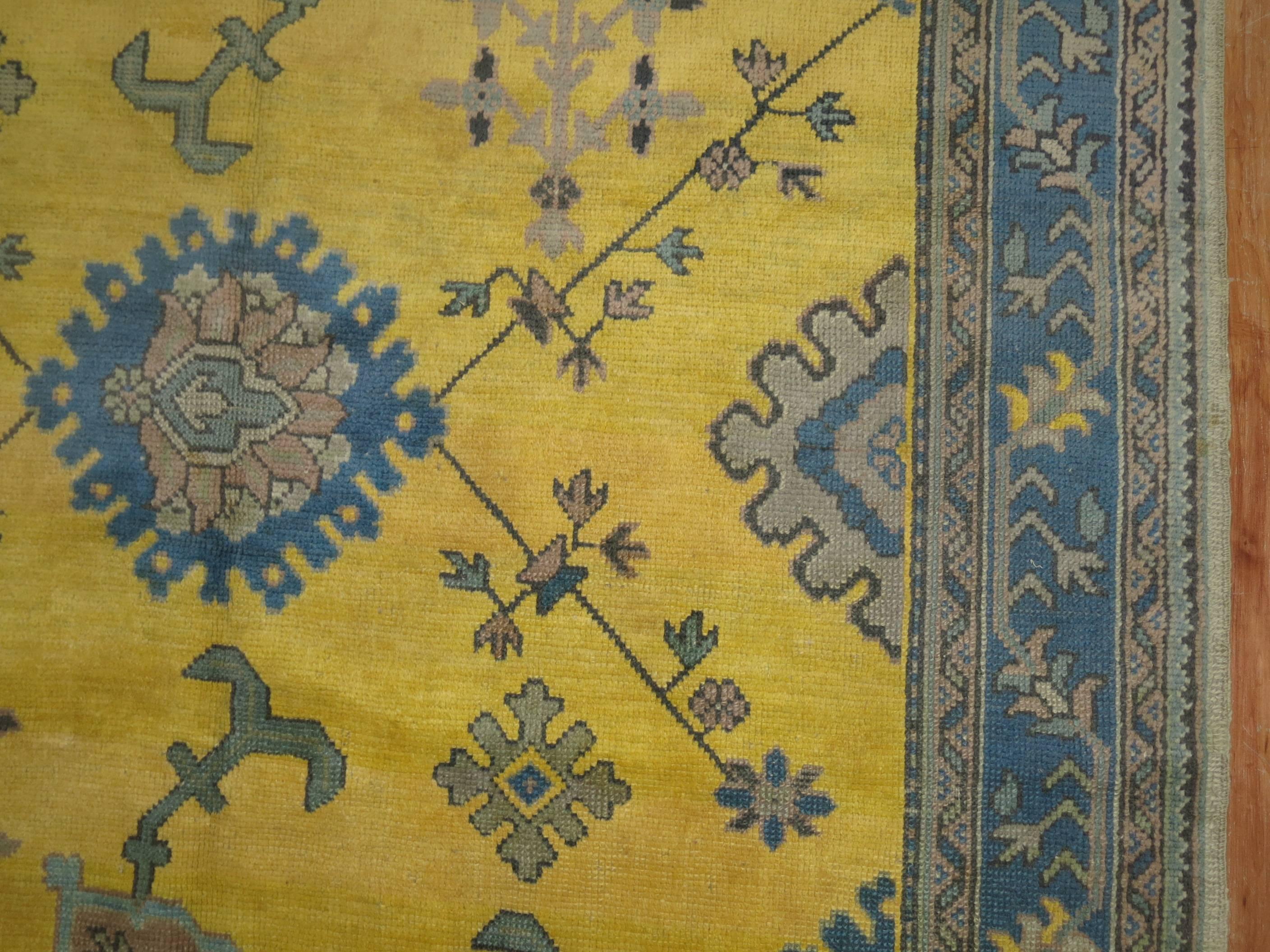 Dutch Colonial Yellow Teal Antique Turkish Oushak For Sale