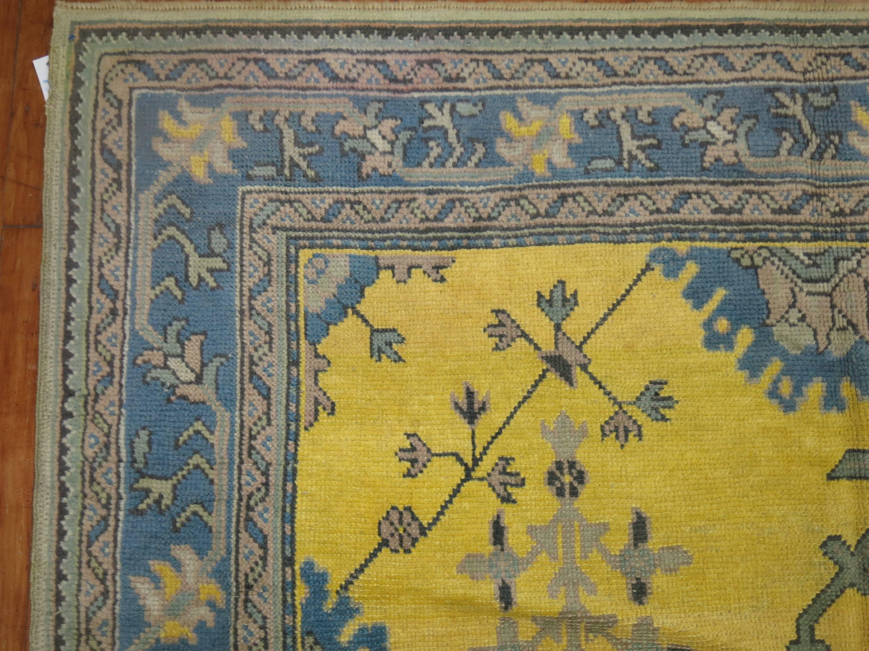 Hand-Knotted Yellow Teal Antique Turkish Oushak For Sale