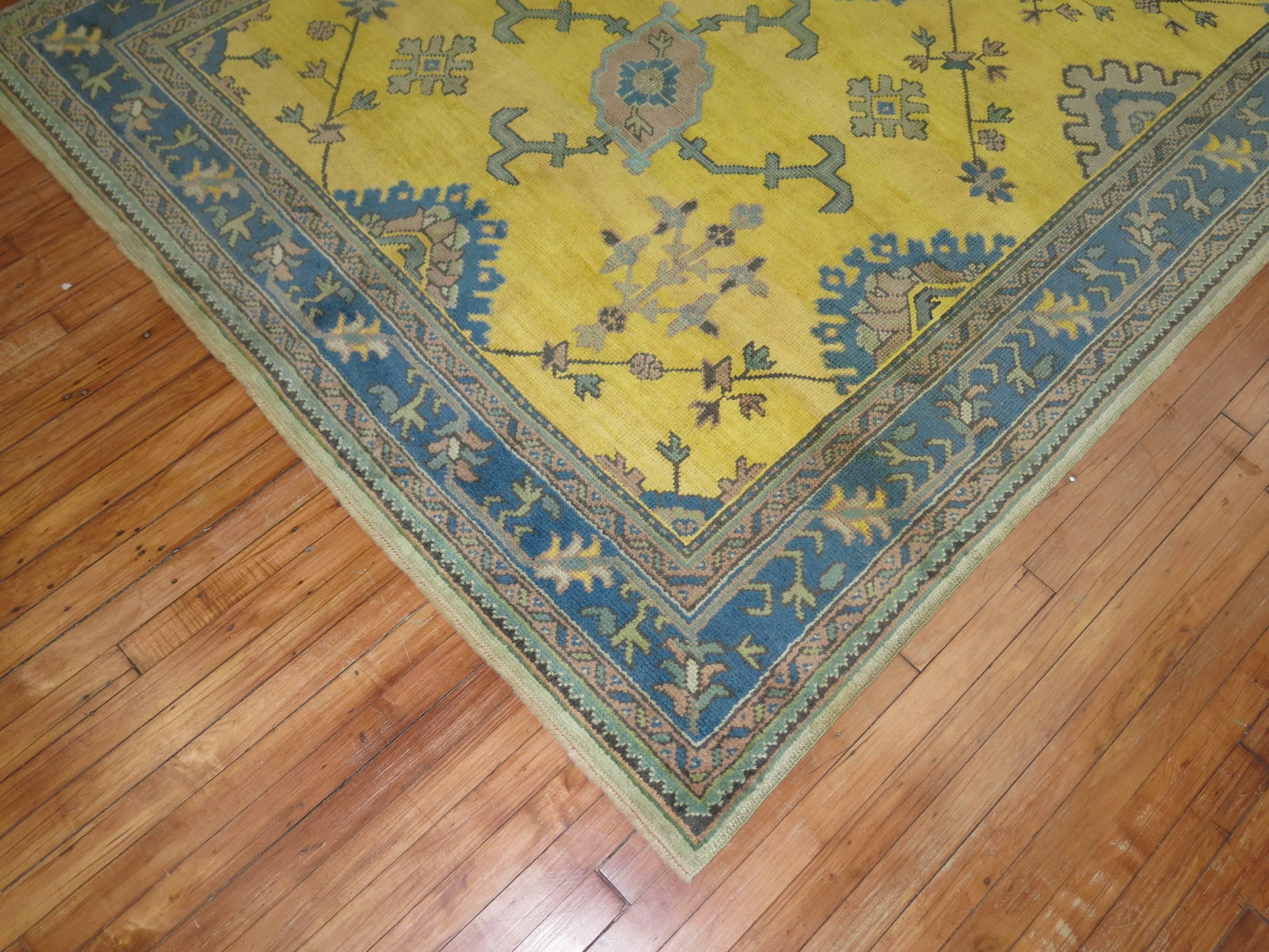 Yellow Teal Antique Turkish Oushak In Good Condition For Sale In New York, NY