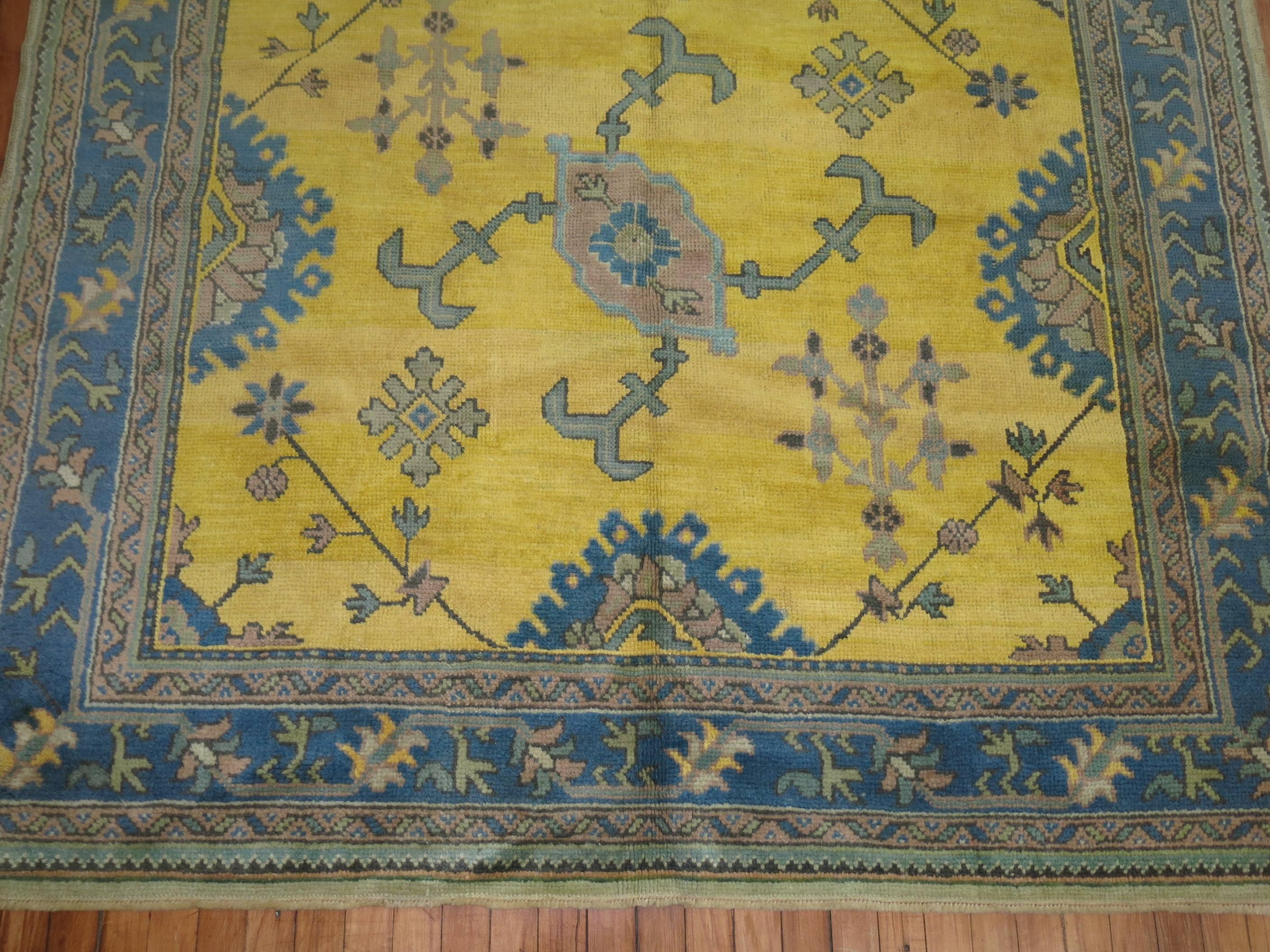20th Century Yellow Teal Antique Turkish Oushak For Sale