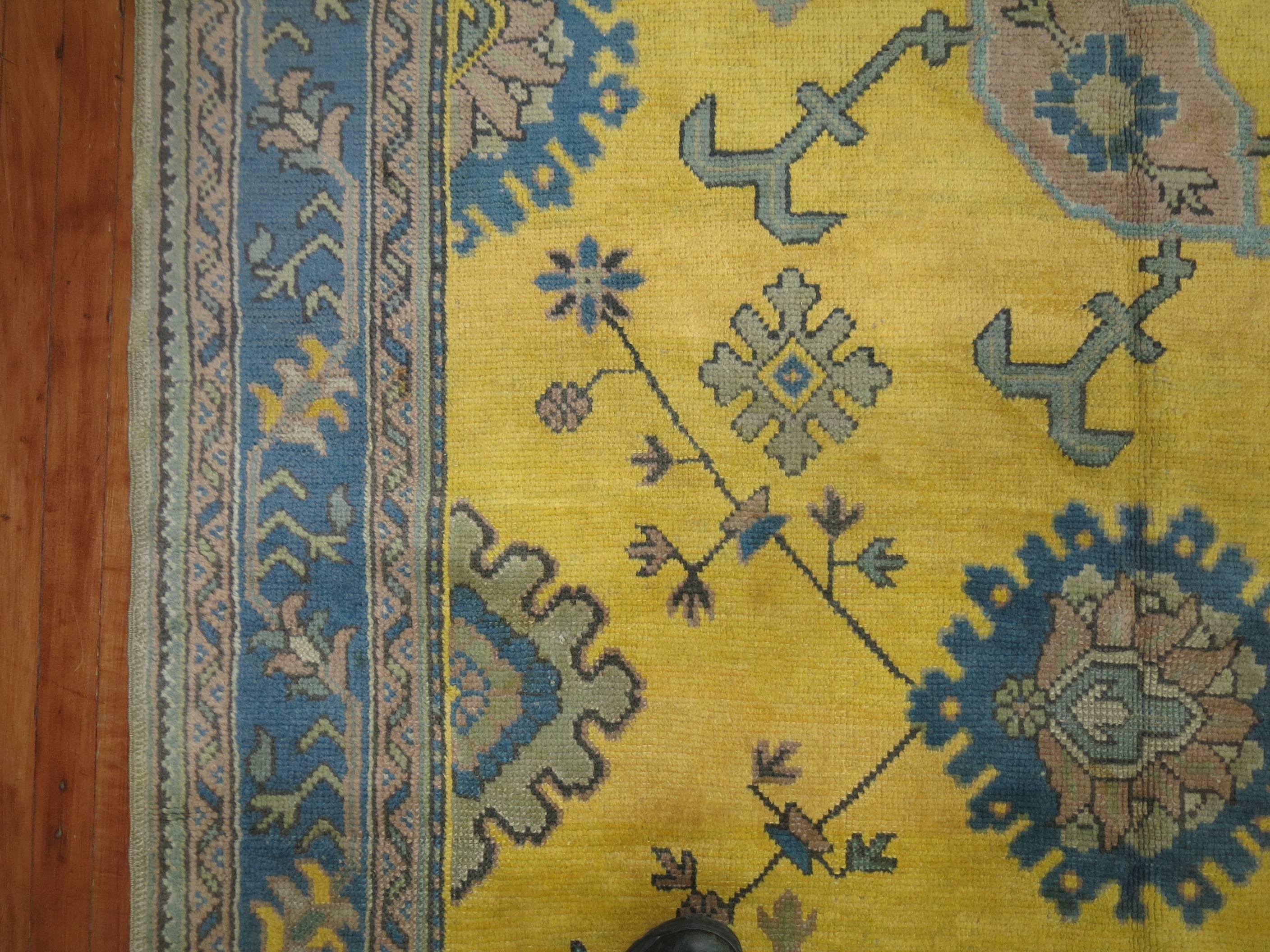 Yellow Teal Antique Turkish Oushak For Sale 1