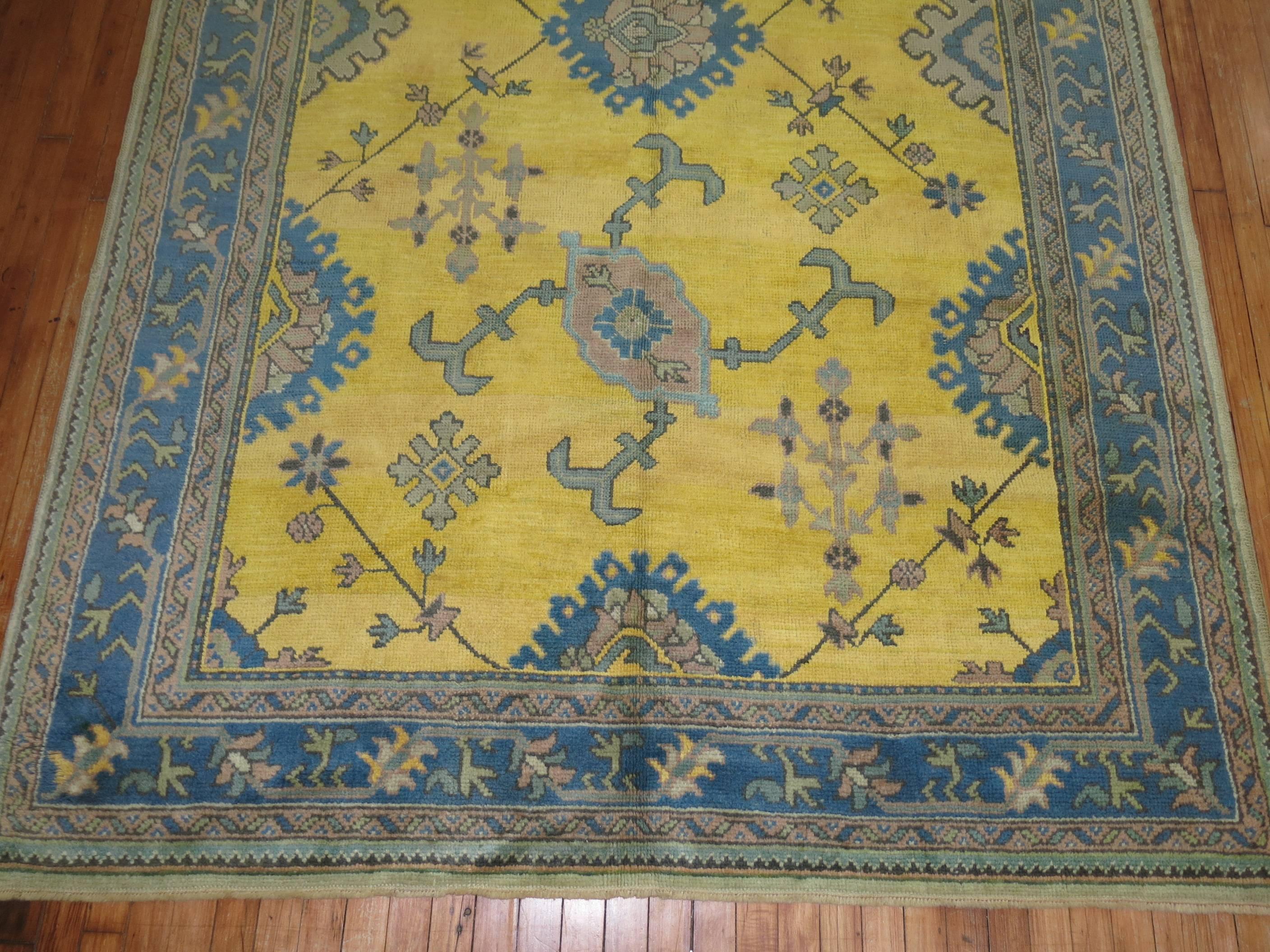 Wool Yellow Teal Antique Turkish Oushak For Sale