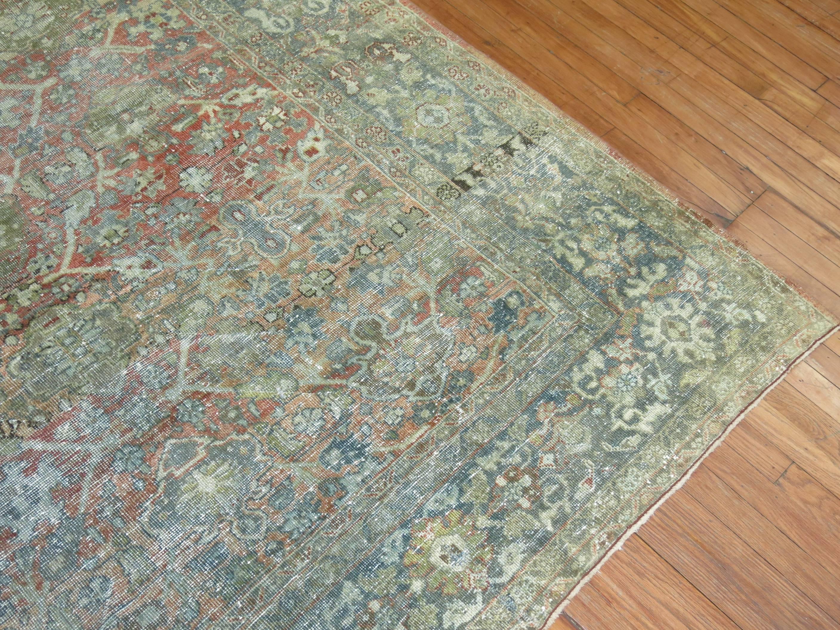 Shabby Chic Persian Traditional Mahal Rug In Terracotta and Sea Foam Tones In Distressed Condition In New York, NY