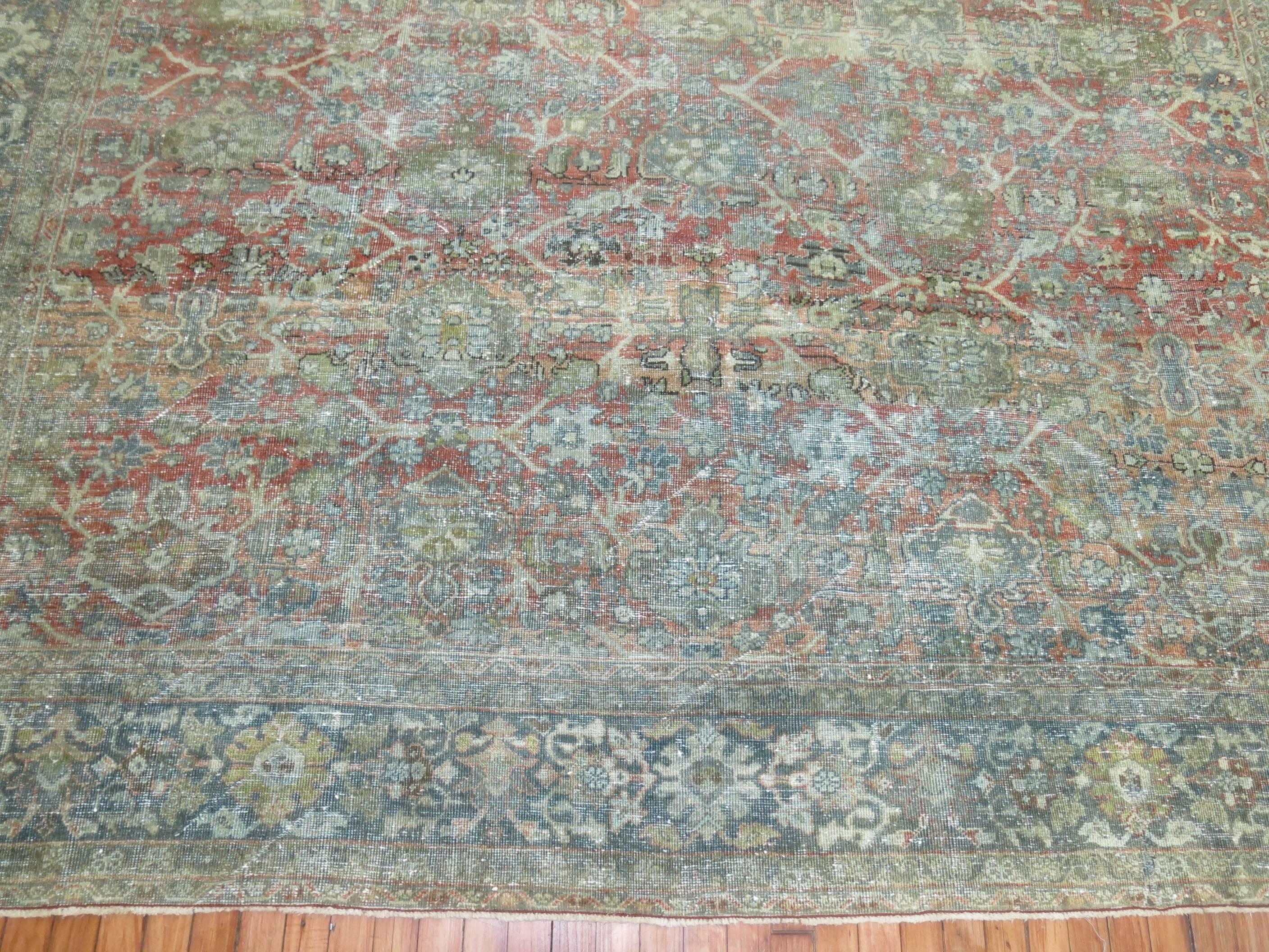 Wool Shabby Chic Persian Traditional Mahal Rug In Terracotta and Sea Foam Tones