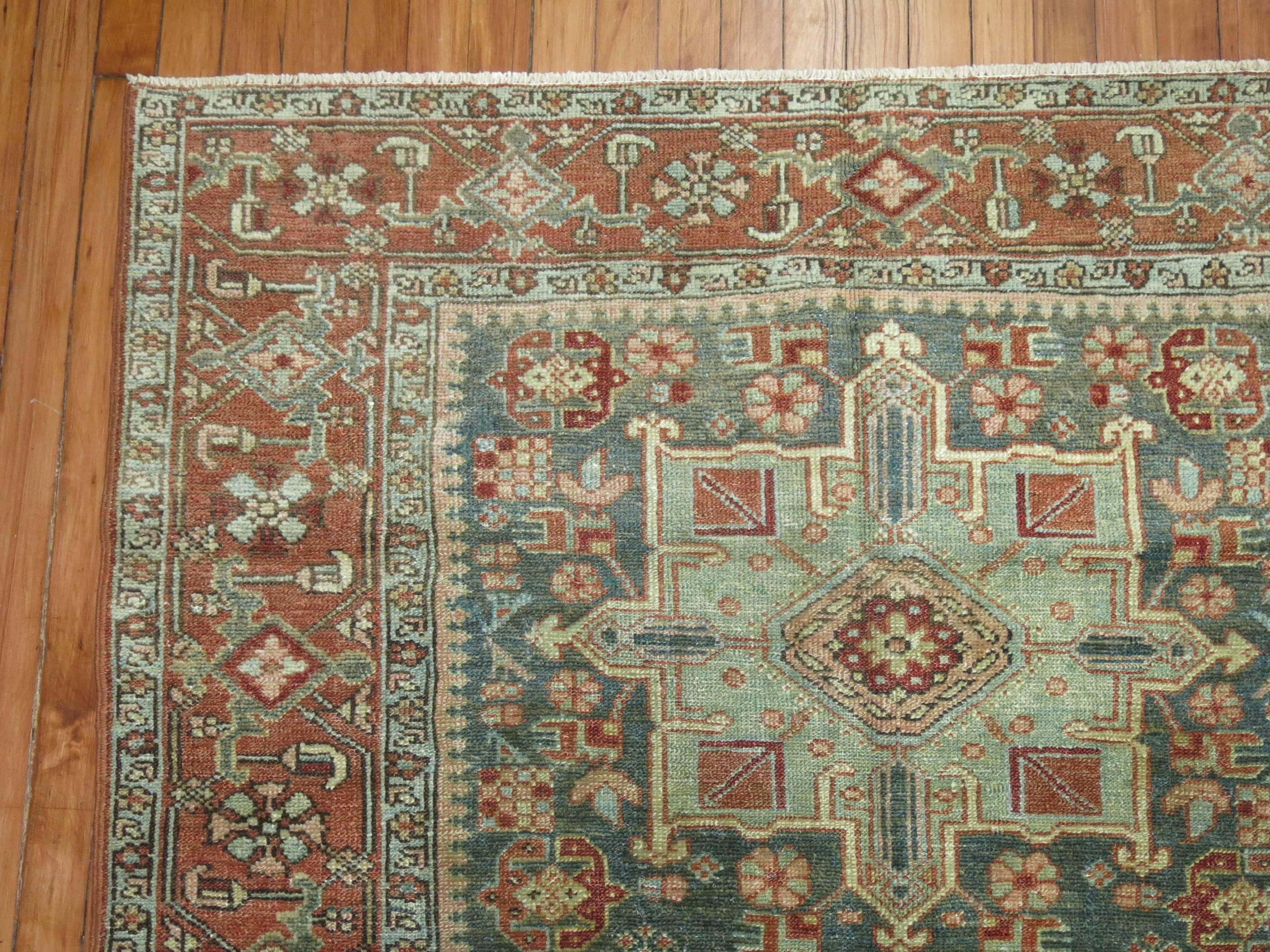 Hand-Knotted Green Gray Brown Antique Persian Heriz Rug