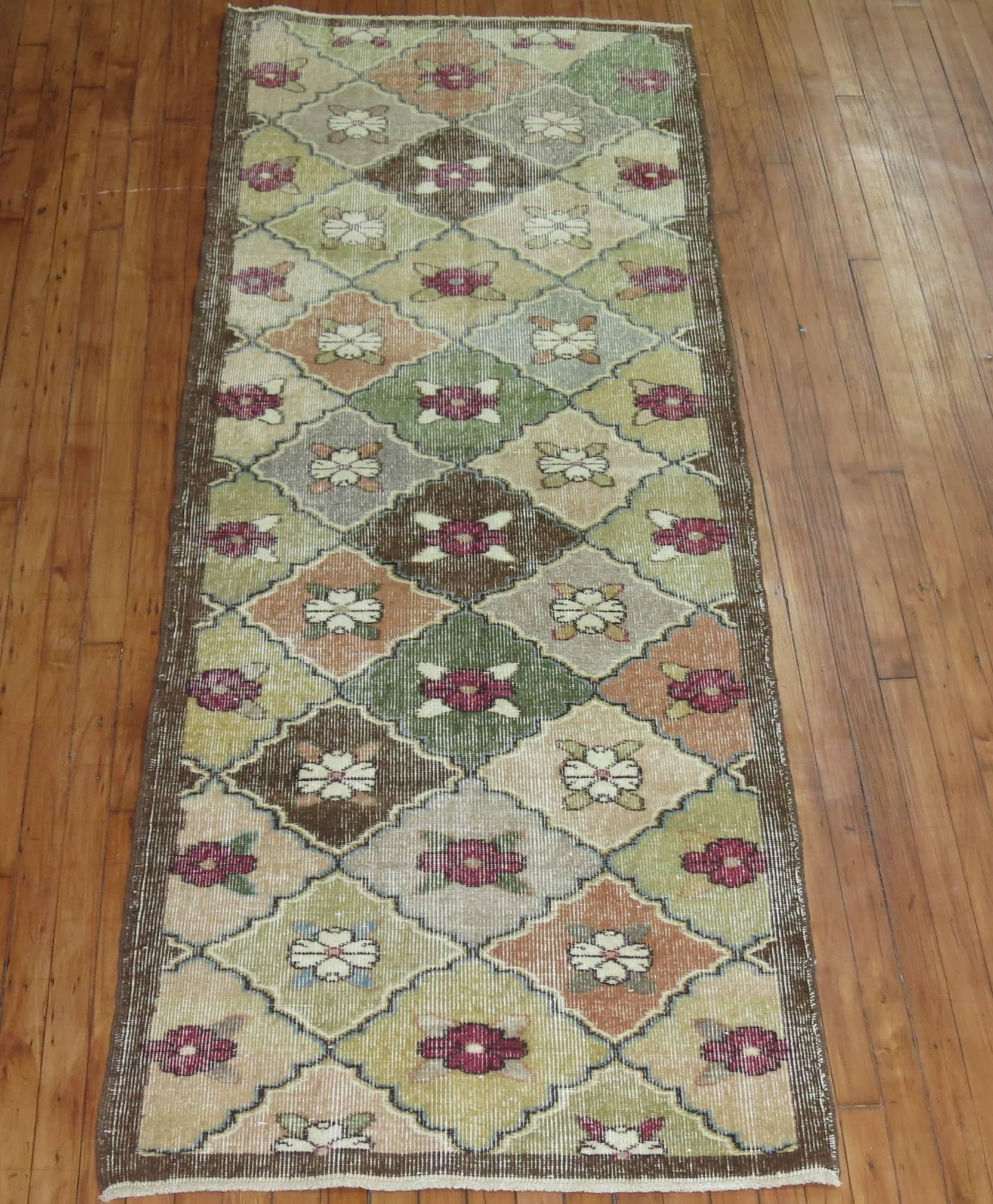 Shabby chic Turkish deco runner a floral all-over design surrounded by a solid brown border

Measures: 3' x 8'3