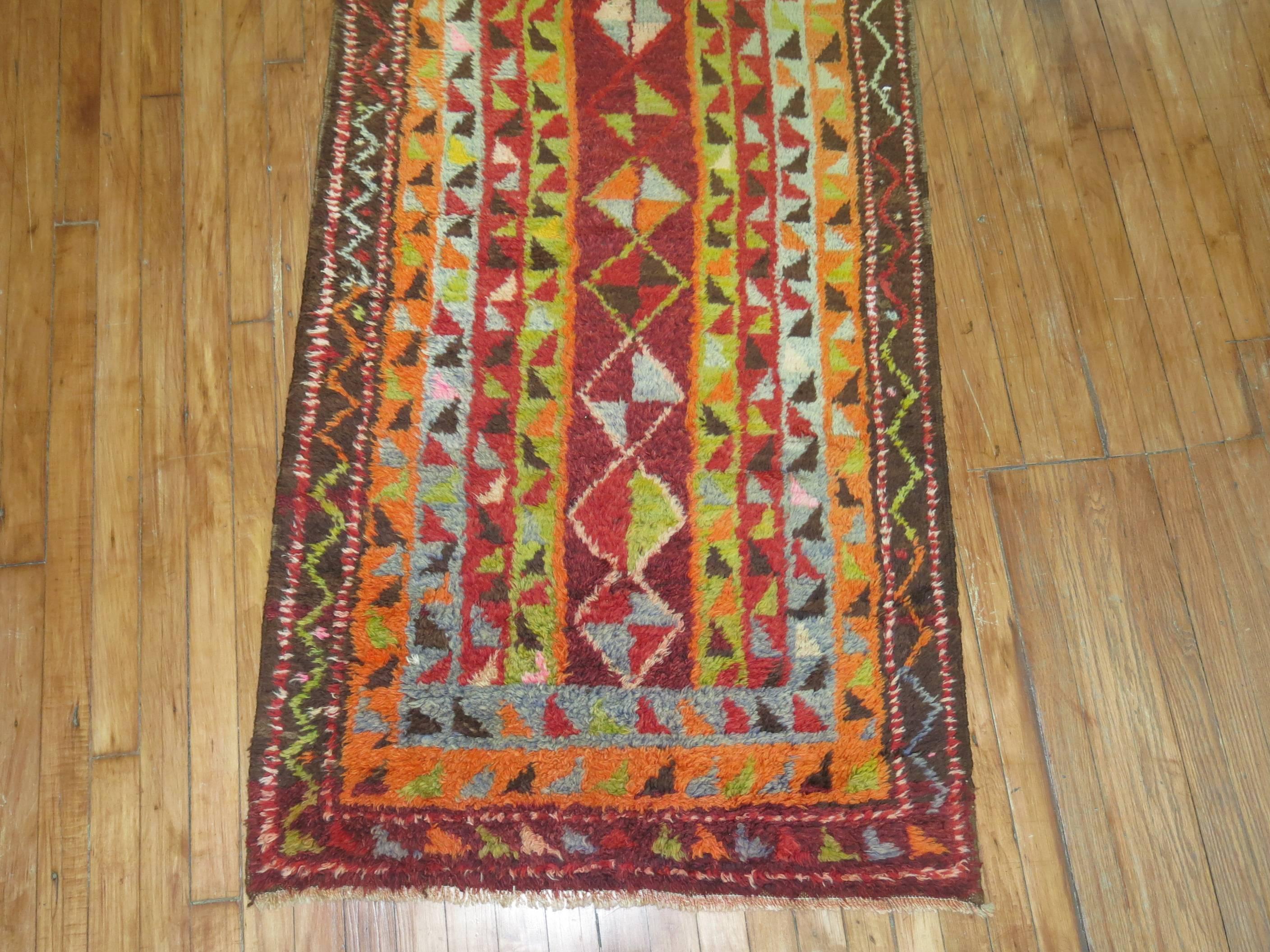 Hand-Knotted Bohemian Abstract Turkish Tulu Runner For Sale