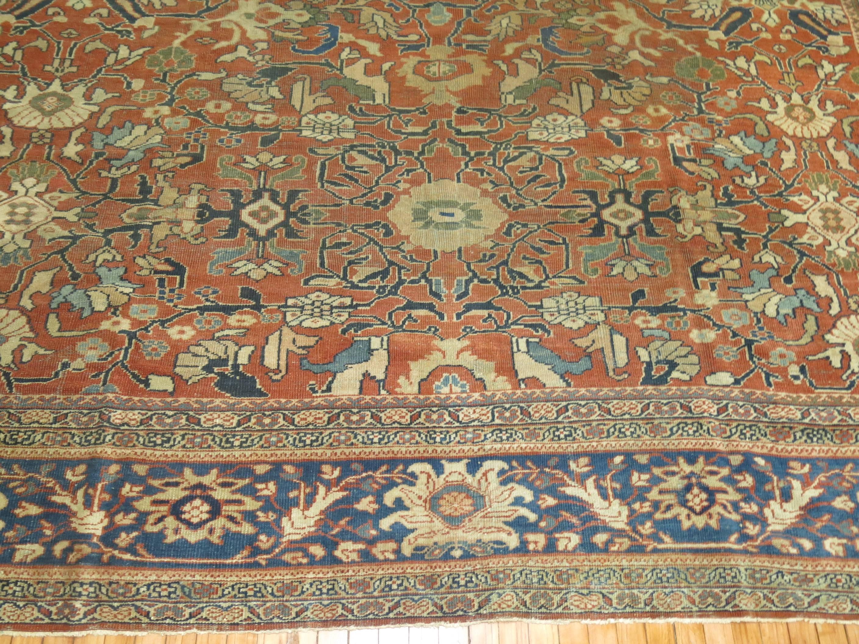 Oversize Antique Persian Terracotta Mahal Rug In Good Condition For Sale In New York, NY
