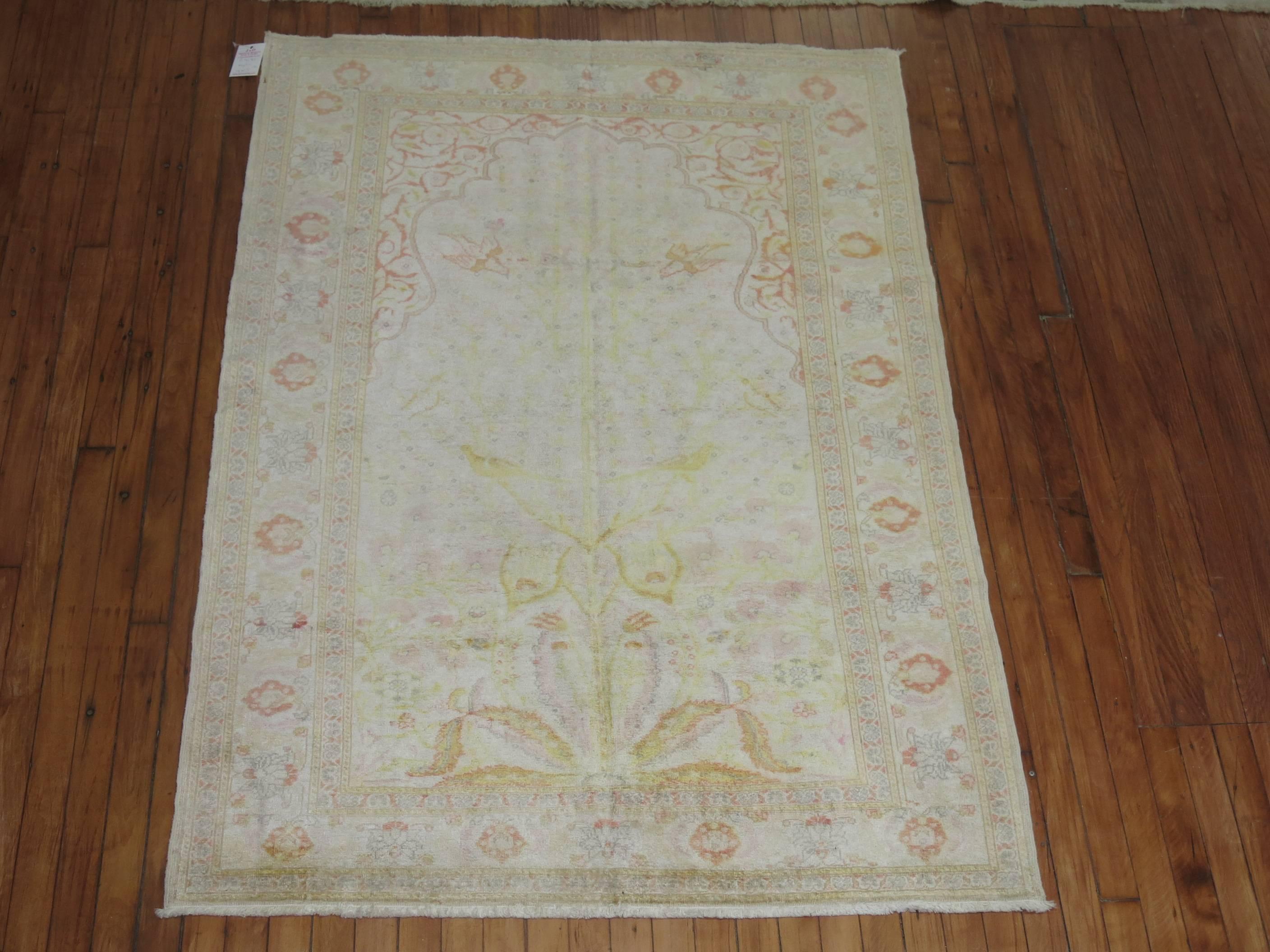 Vintage Turkish mercerized cotton Kayseri Prayer rug. Ivory field with yellow, orange and pink accents.