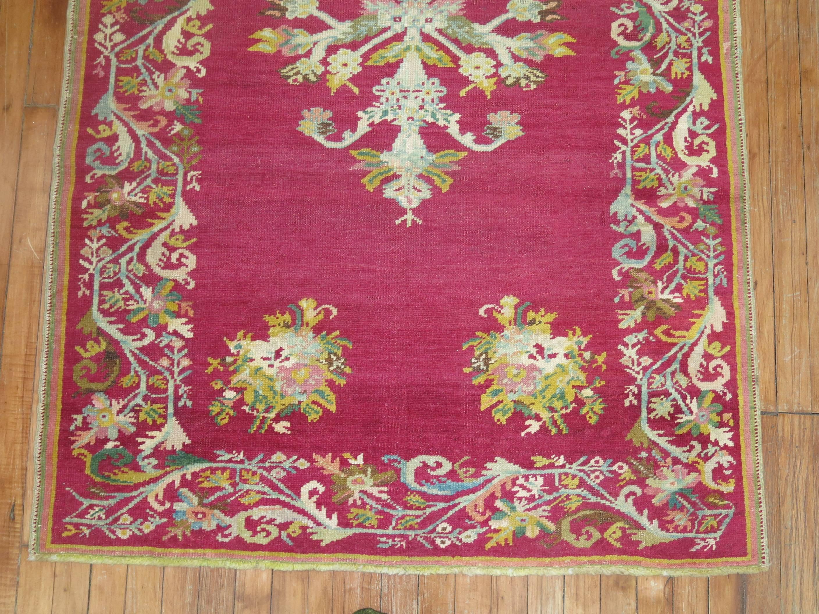 Hand-Knotted Stunning Raspberry Turkish Ghiordes Floral Carpet For Sale