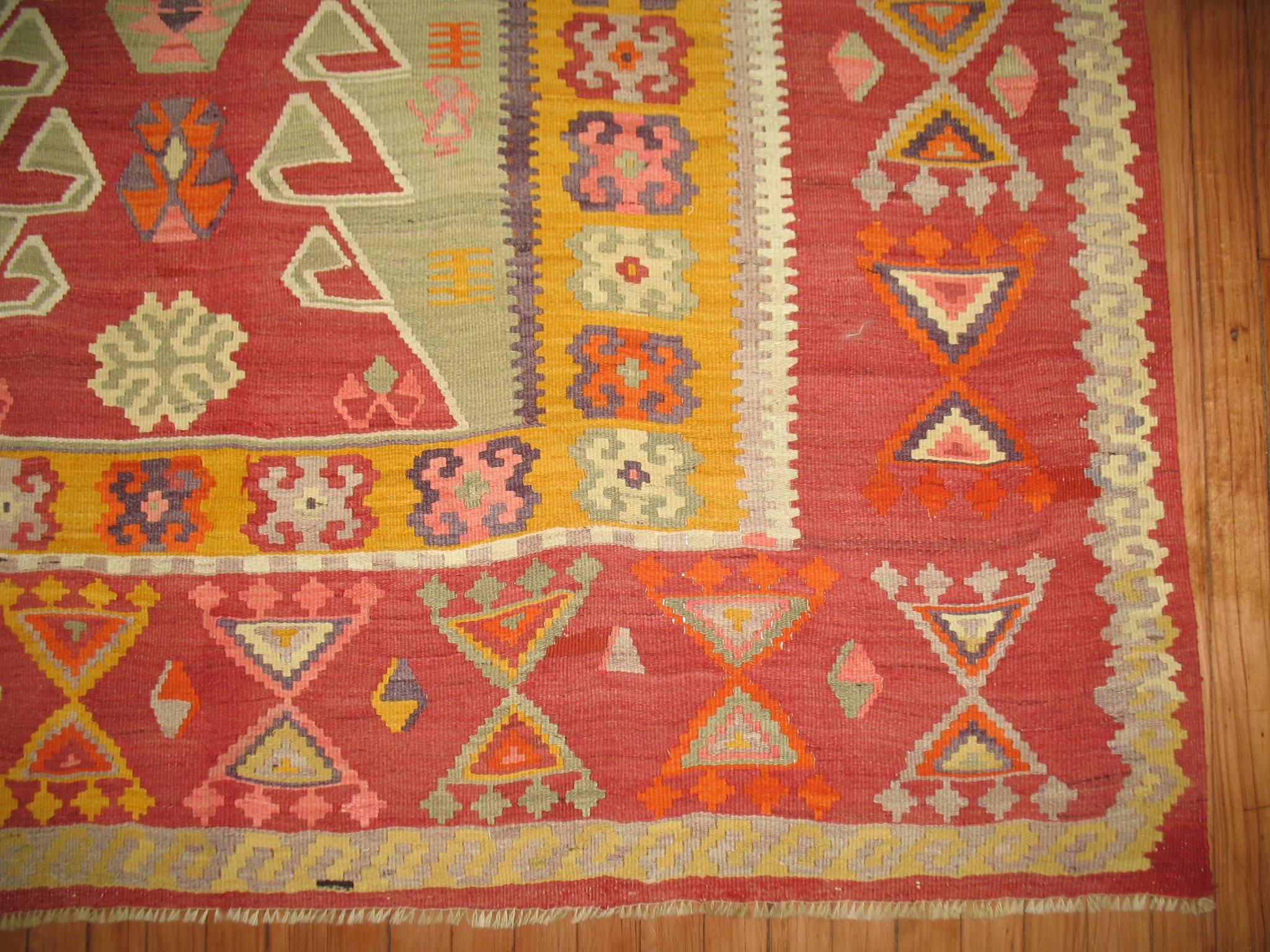 Colorful Turkish Kilim flat-weave with a Directional motif and sensational border.