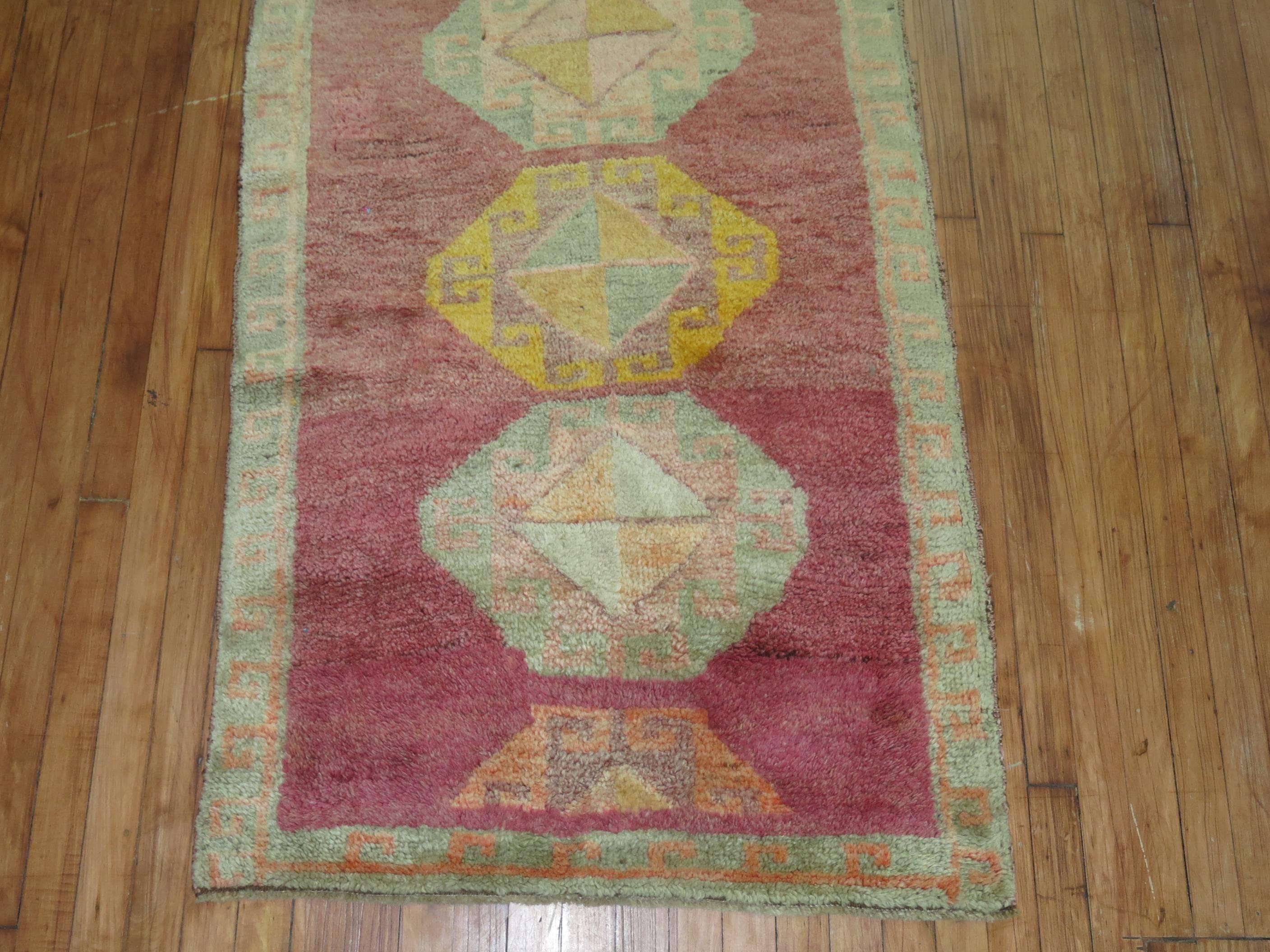 Hand-Woven Pink Magenta Field 20th Century Boho Chic Hand-Knotted Anatolian Turkish Runner For Sale