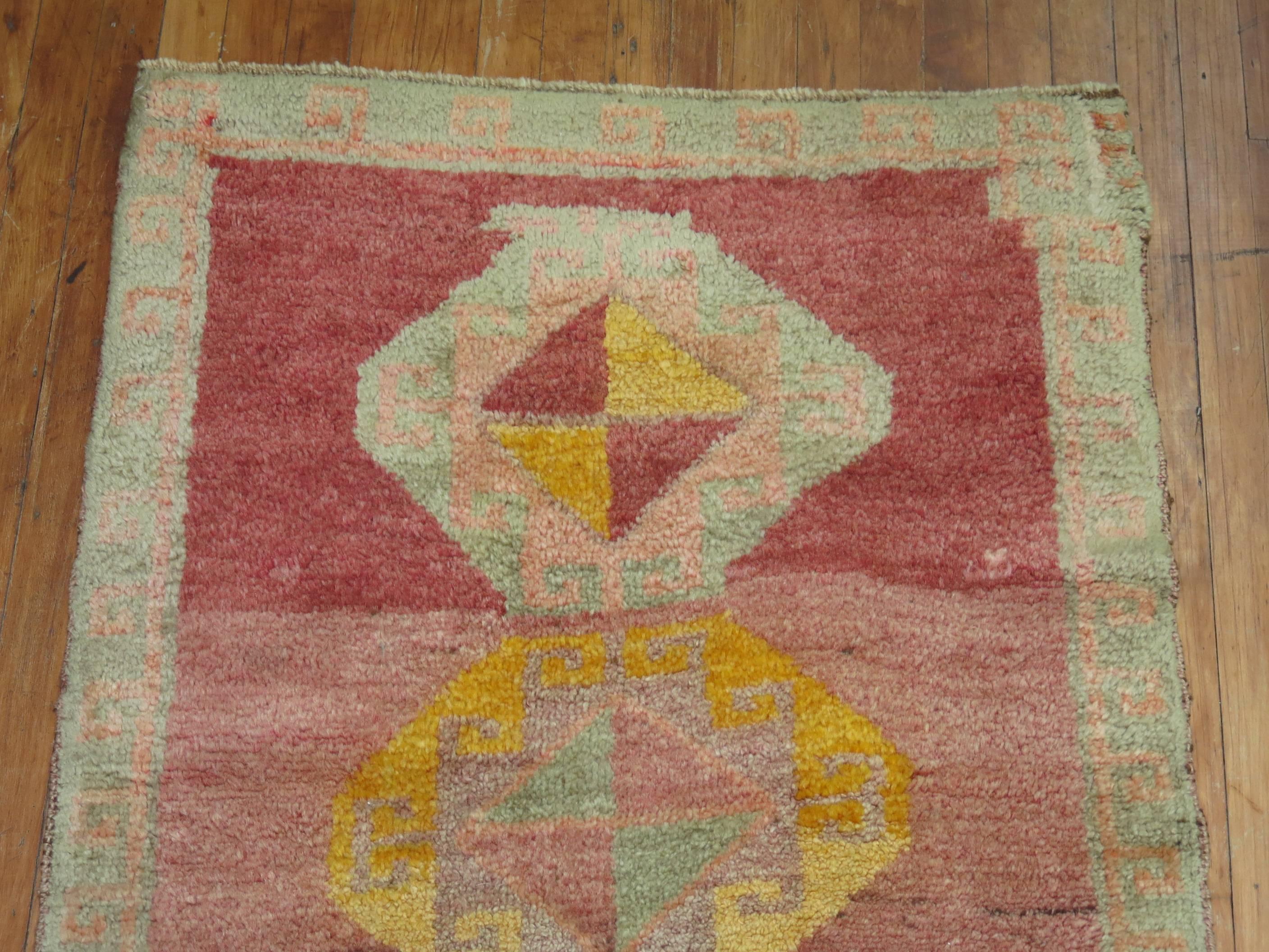 Wool Pink Magenta Field 20th Century Boho Chic Hand-Knotted Anatolian Turkish Runner For Sale