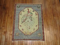 Zabihi Collection Gray Floral Folk Style Vintage Throw Turkish Rug Dated 1969