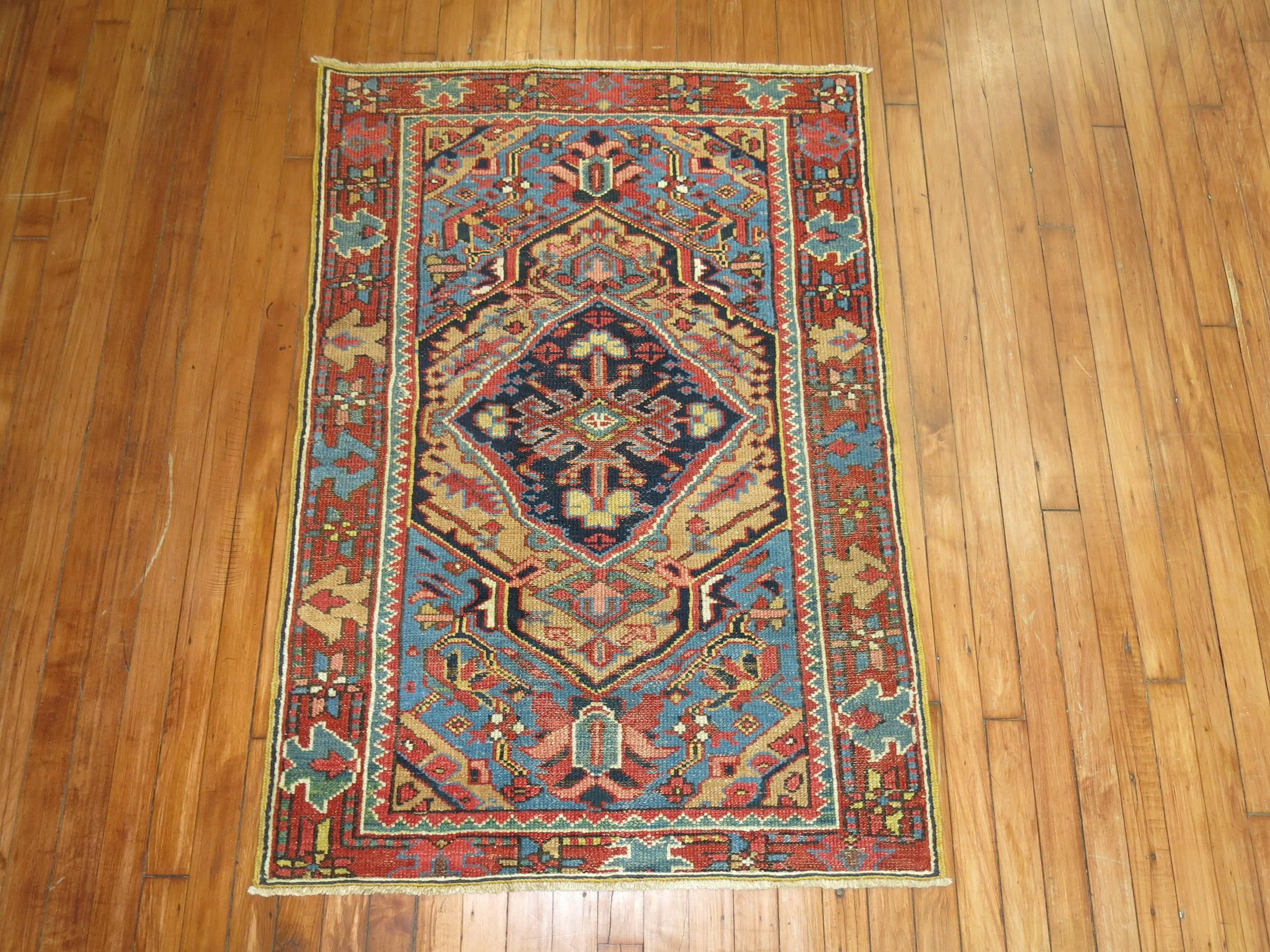 Archaistic Persian Heriz Scatter Rug with French Blue Accents