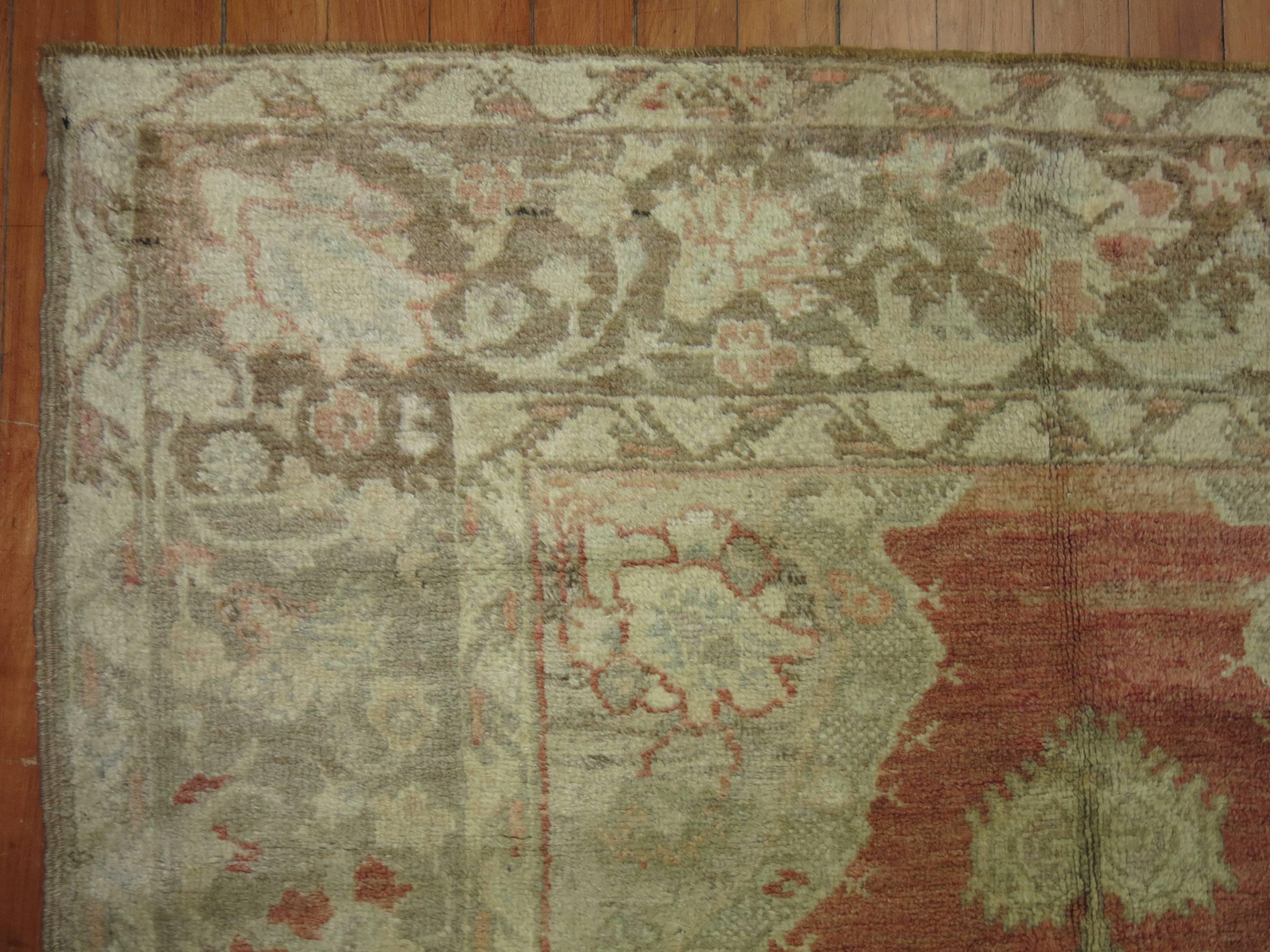 Hand-Knotted Terracotta Antique Turkish Oushak Scatter Rug For Sale