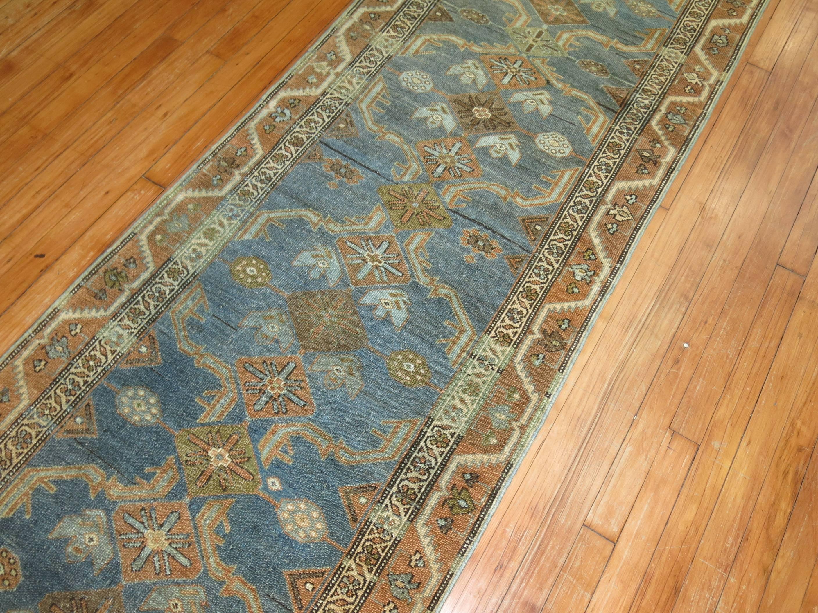Bakshaish Early 20th Century Persian Malayer Long Runner in Denim Blue and Brown For Sale