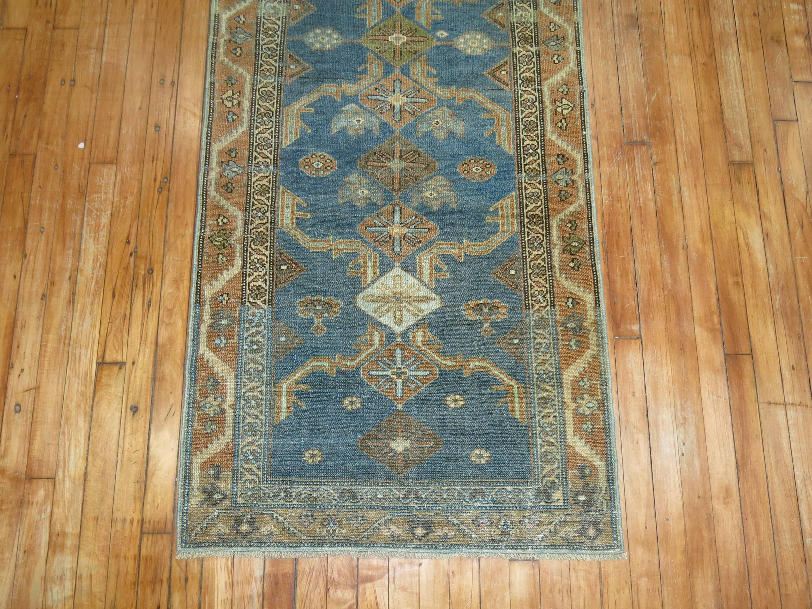 Early 20th Century Persian Malayer Long Runner in Denim Blue and Brown In Good Condition For Sale In New York, NY