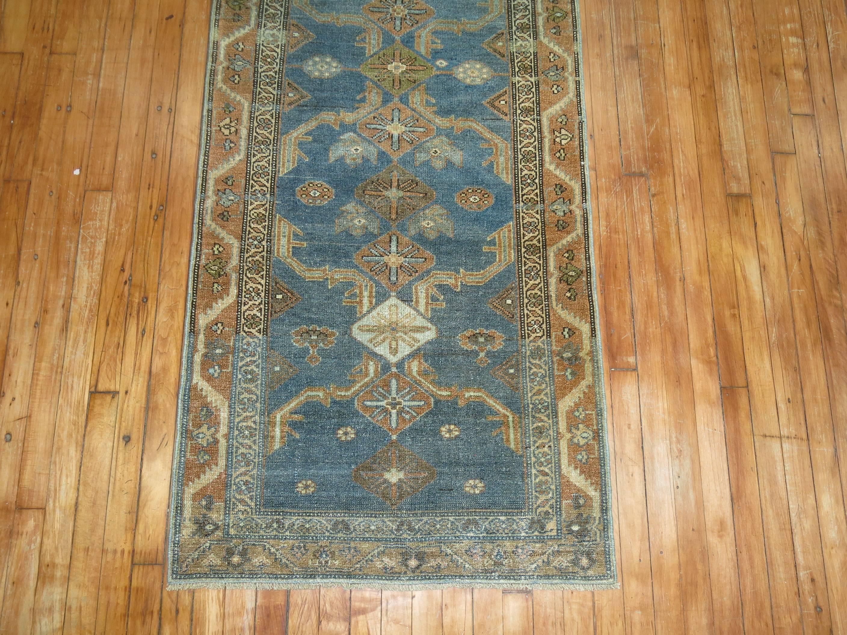 Hand-Knotted Early 20th Century Persian Malayer Long Runner in Denim Blue and Brown For Sale