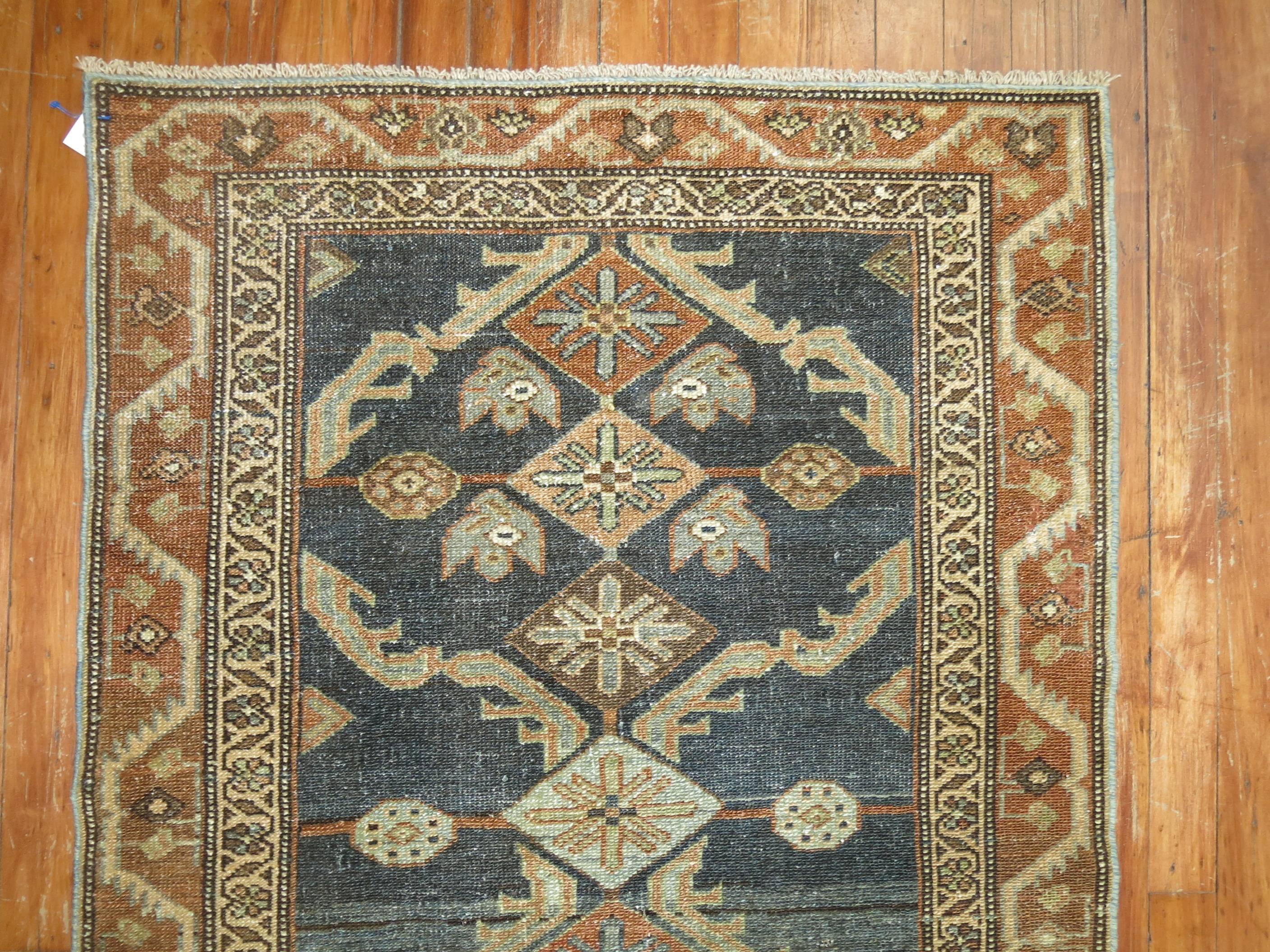 Early 20th Century Persian Malayer Long Runner in Denim Blue and Brown For Sale 1