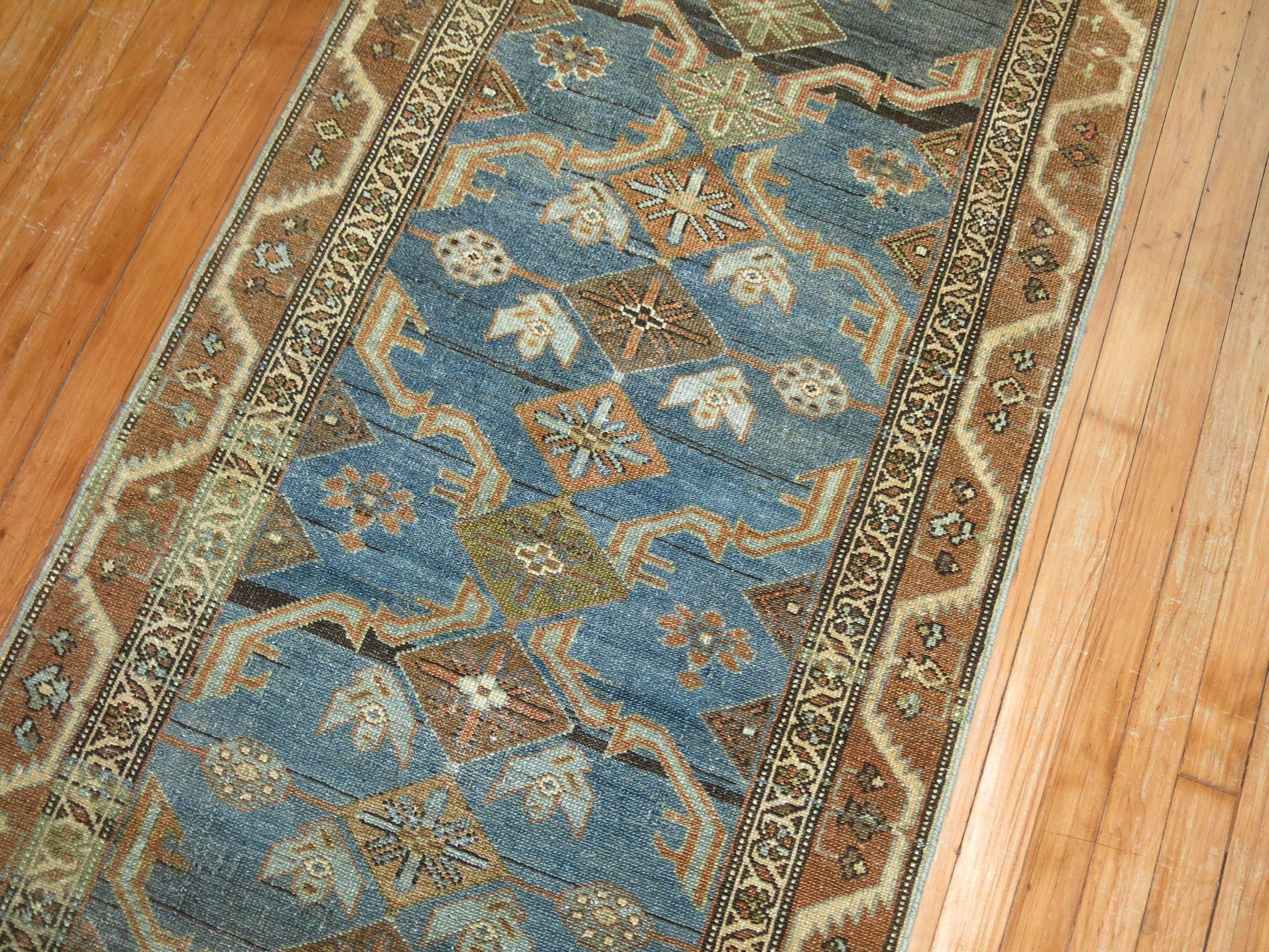 Wool Early 20th Century Persian Malayer Long Runner in Denim Blue and Brown For Sale