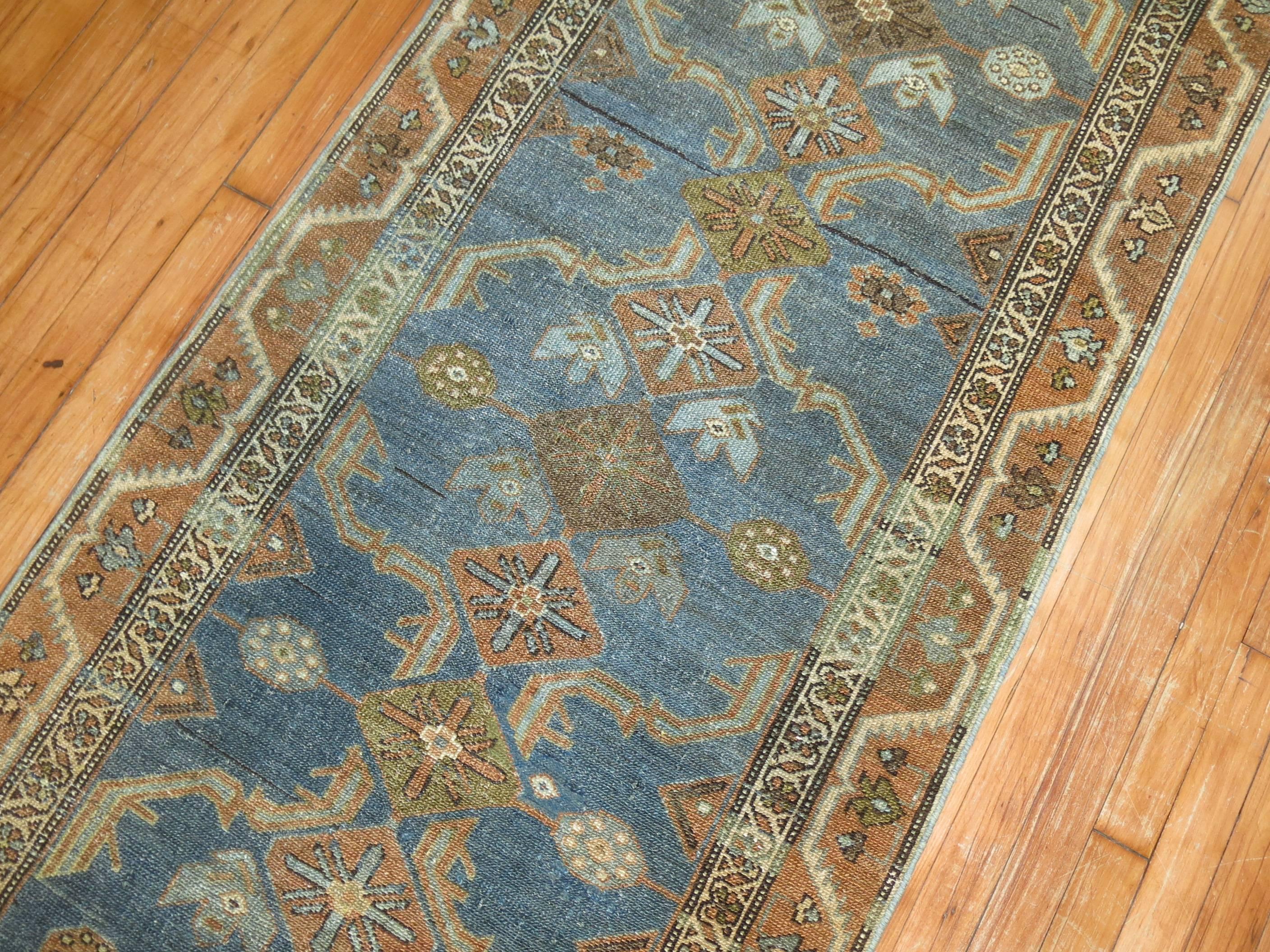 Early 20th Century Persian Malayer Long Runner in Denim Blue and Brown For Sale 3