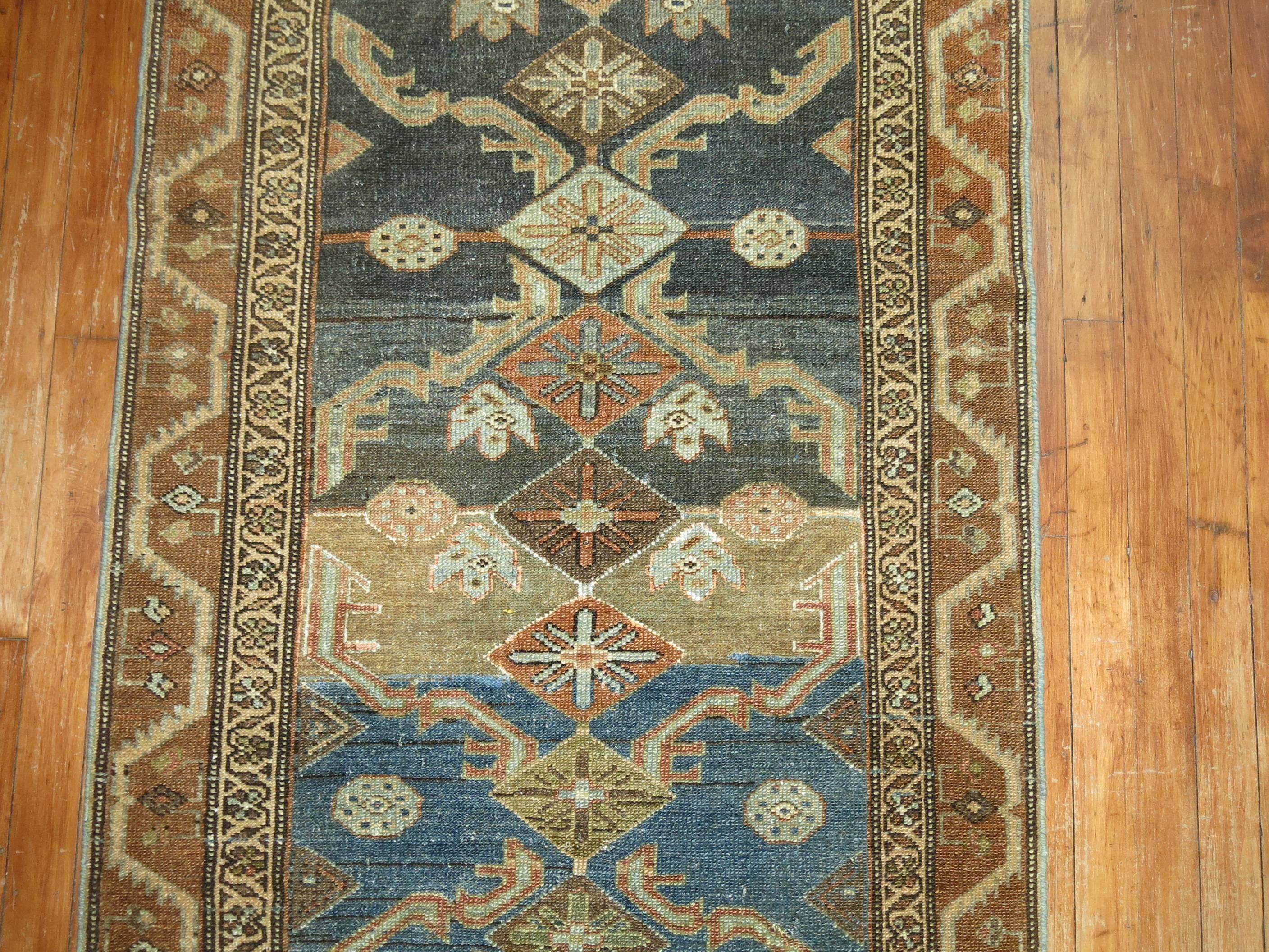 Early 20th Century Persian Malayer Long Runner in Denim Blue and Brown For Sale 2