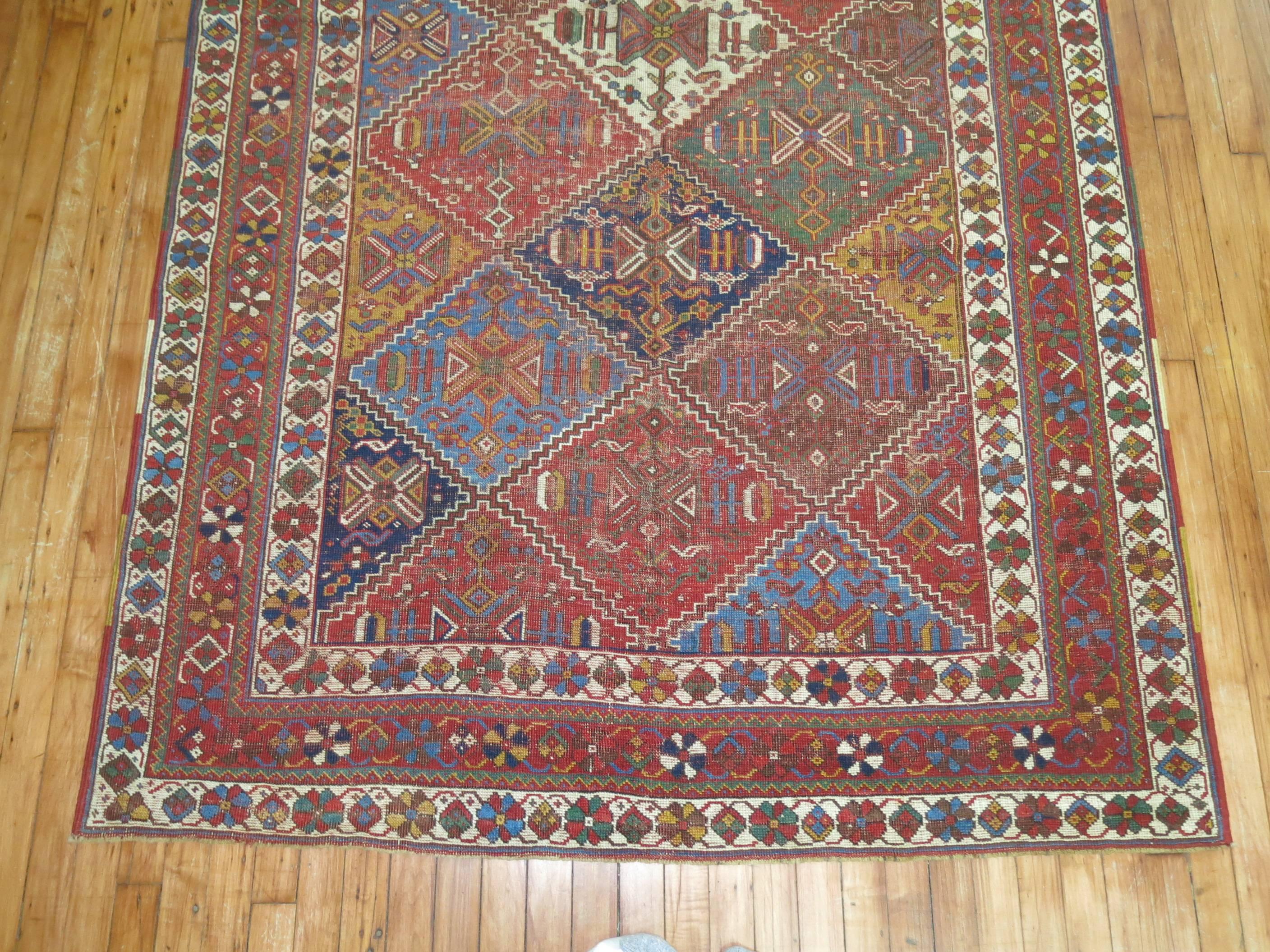 Mid-Century Modern Zabihi Collection Persian Colorful Tribal Accent Size Rug For Sale