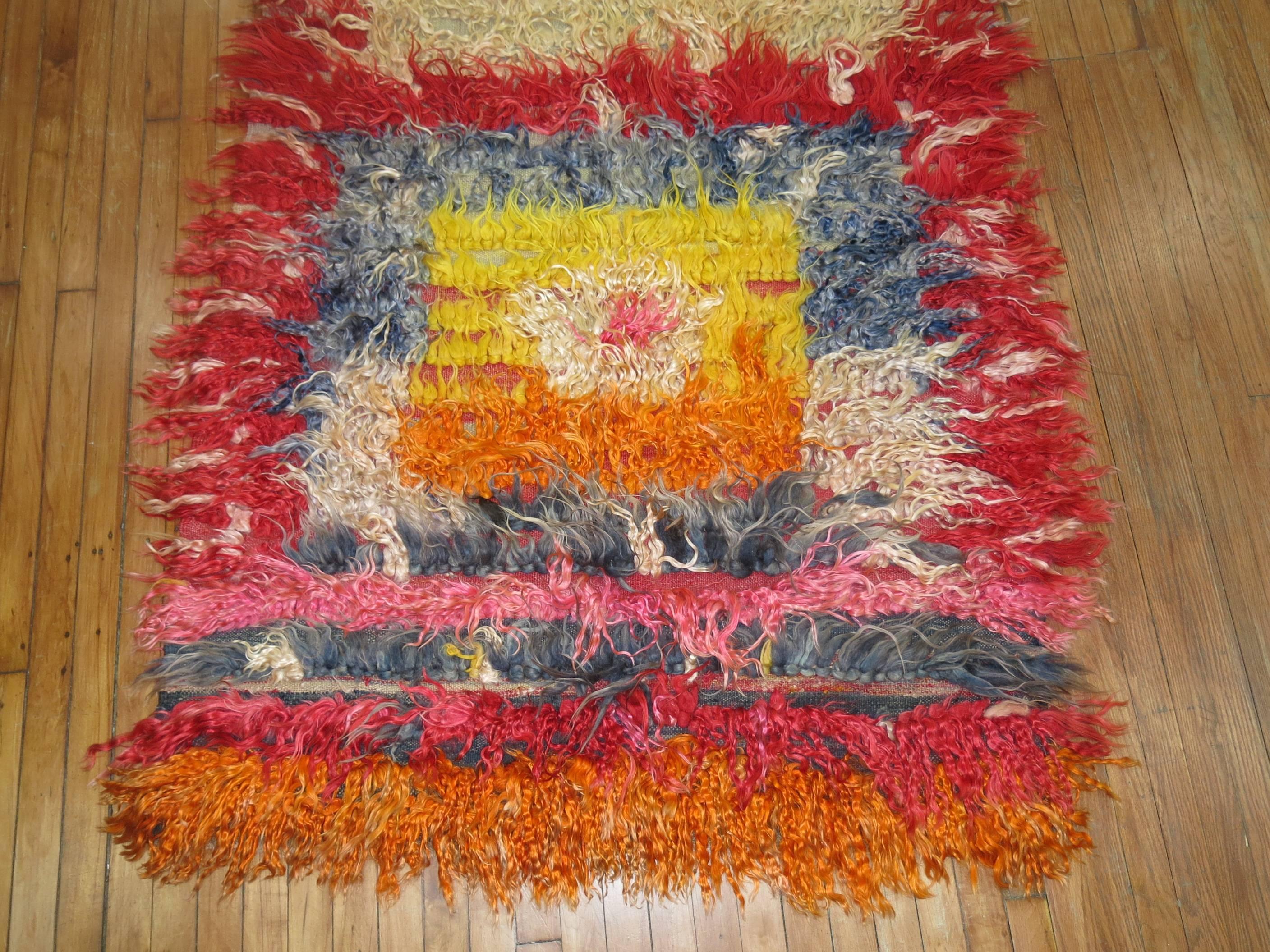 Hand-Knotted Wild Turkish Flotaki Turkish Tulu Shag Rug in Bright Saturated Colors For Sale