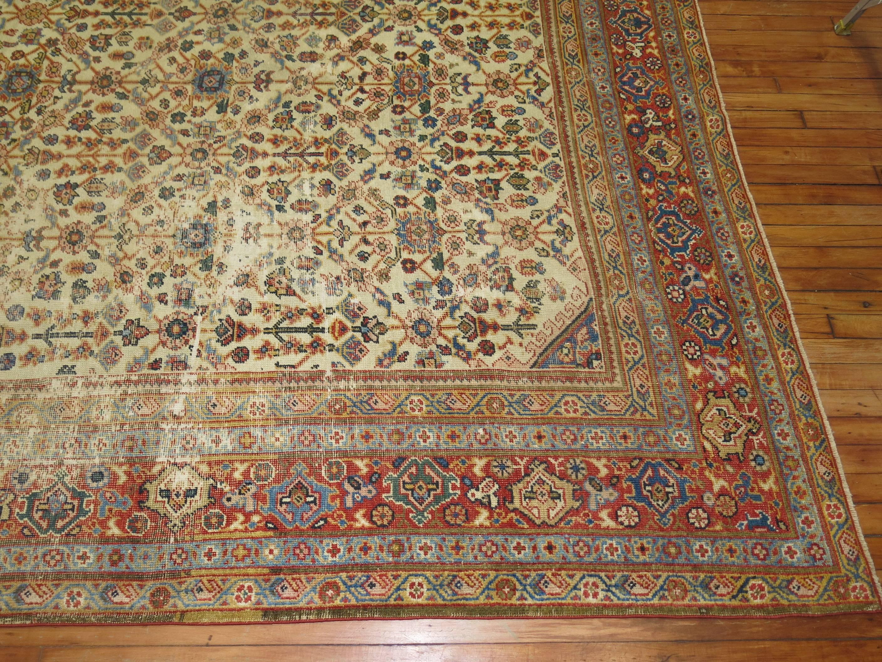 Hand-Knotted Worn Persian Room Size Oriental Early 20th Century Rug