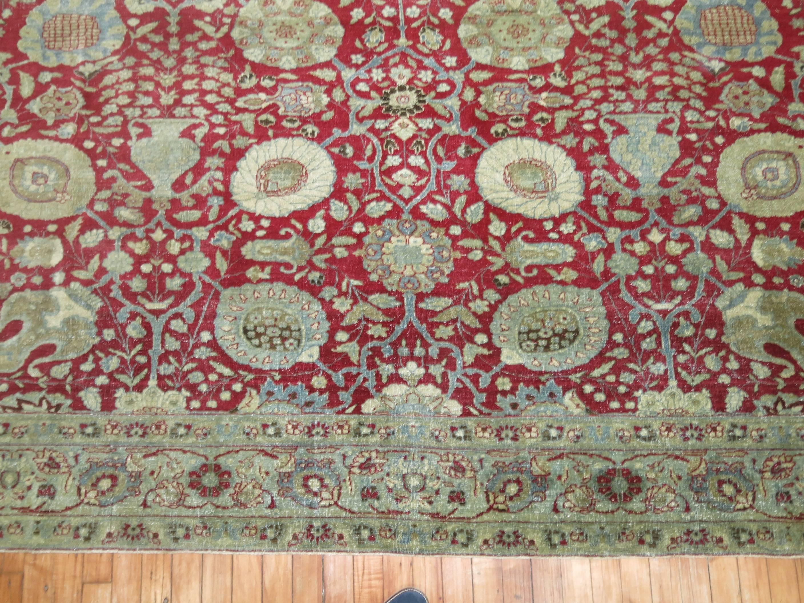 Victorian Chinese Red Room Size Traditional Antique Persian Tabriz Rug For Sale