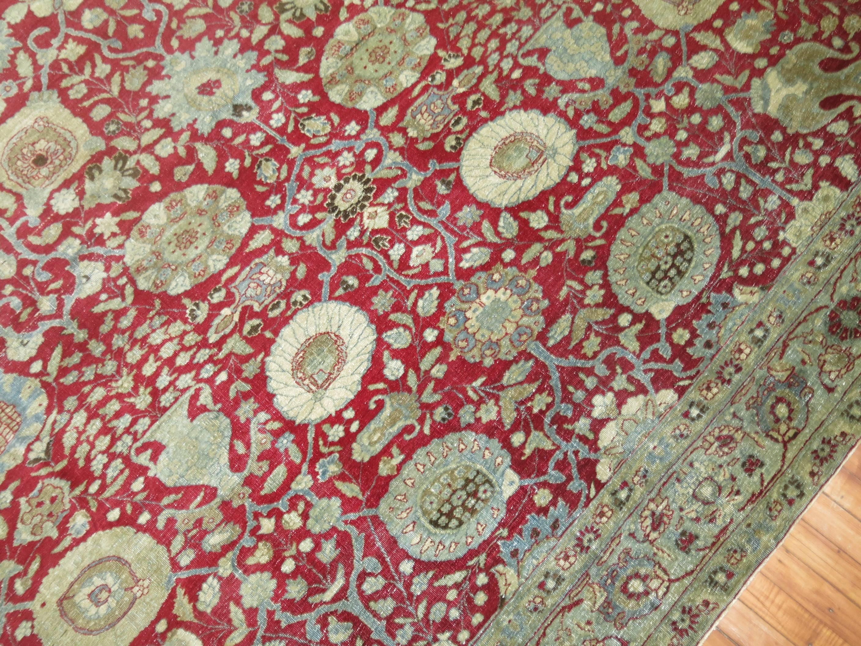 Hand-Knotted Chinese Red Room Size Traditional Antique Persian Tabriz Rug For Sale