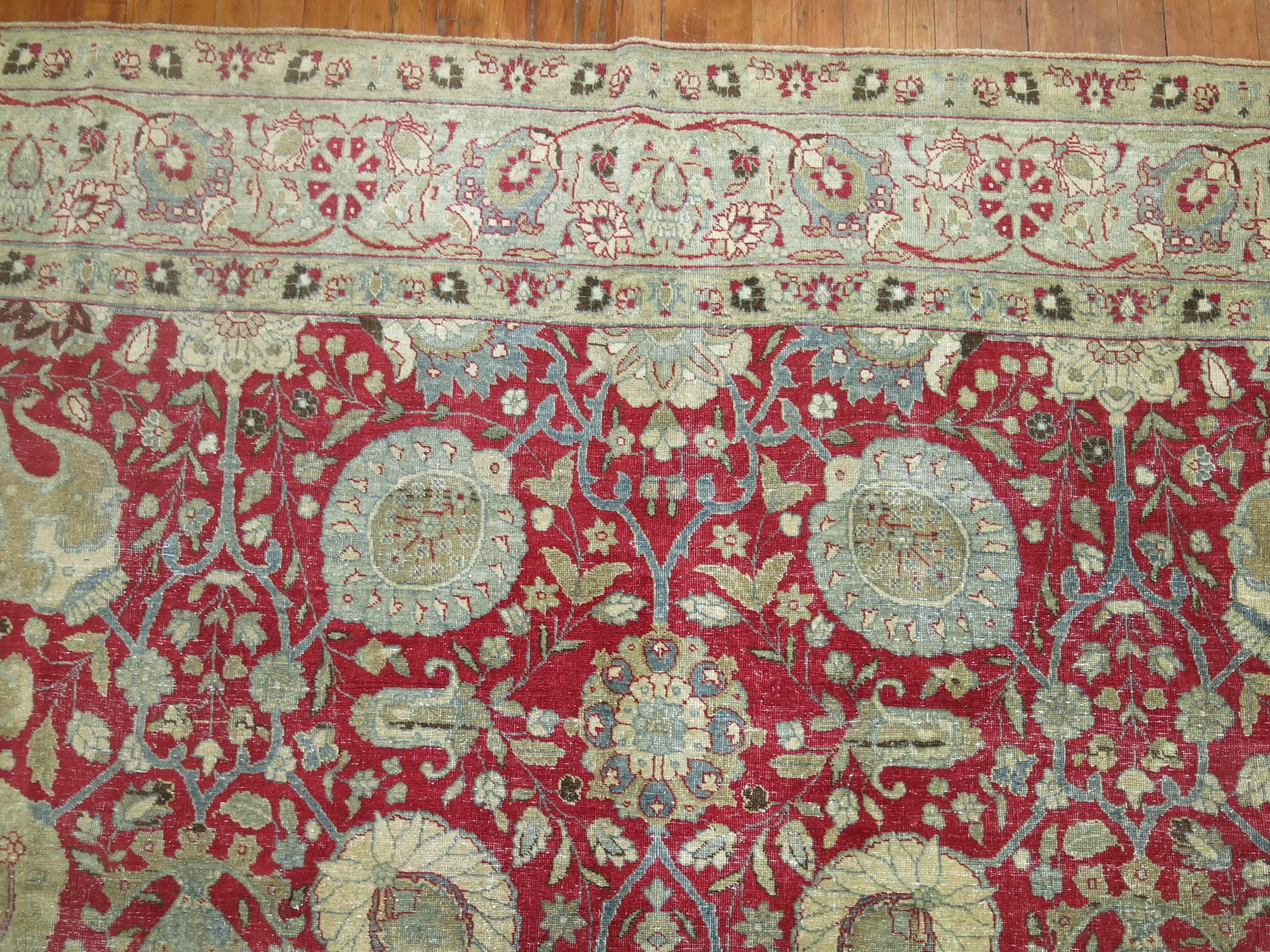 Wool Chinese Red Room Size Traditional Antique Persian Tabriz Rug For Sale