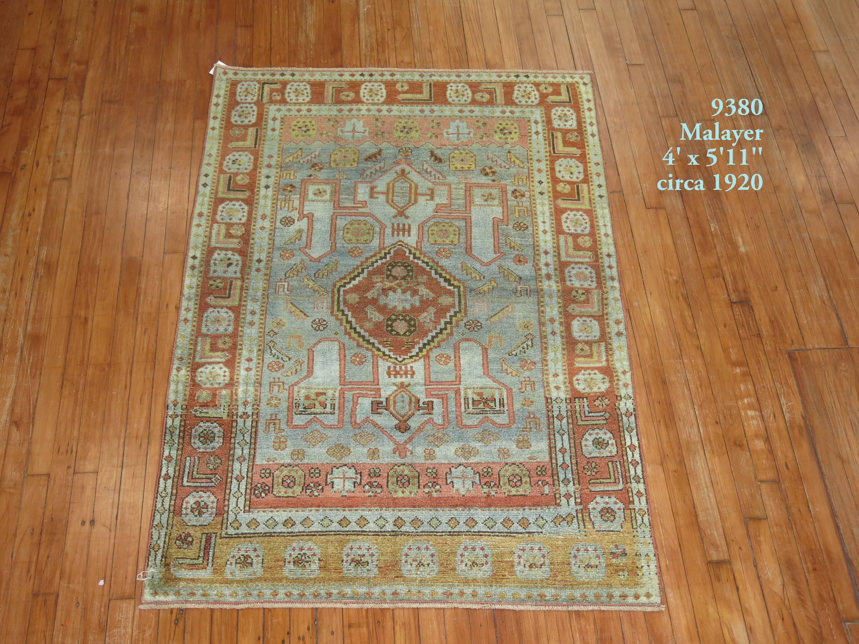 Accent size Persian Malayer rug. Malayers are becoming one of the more popular decorative pieces amongst interior designers and architects worldwide,

circa 1920. Measures: 4' x 5'11''.