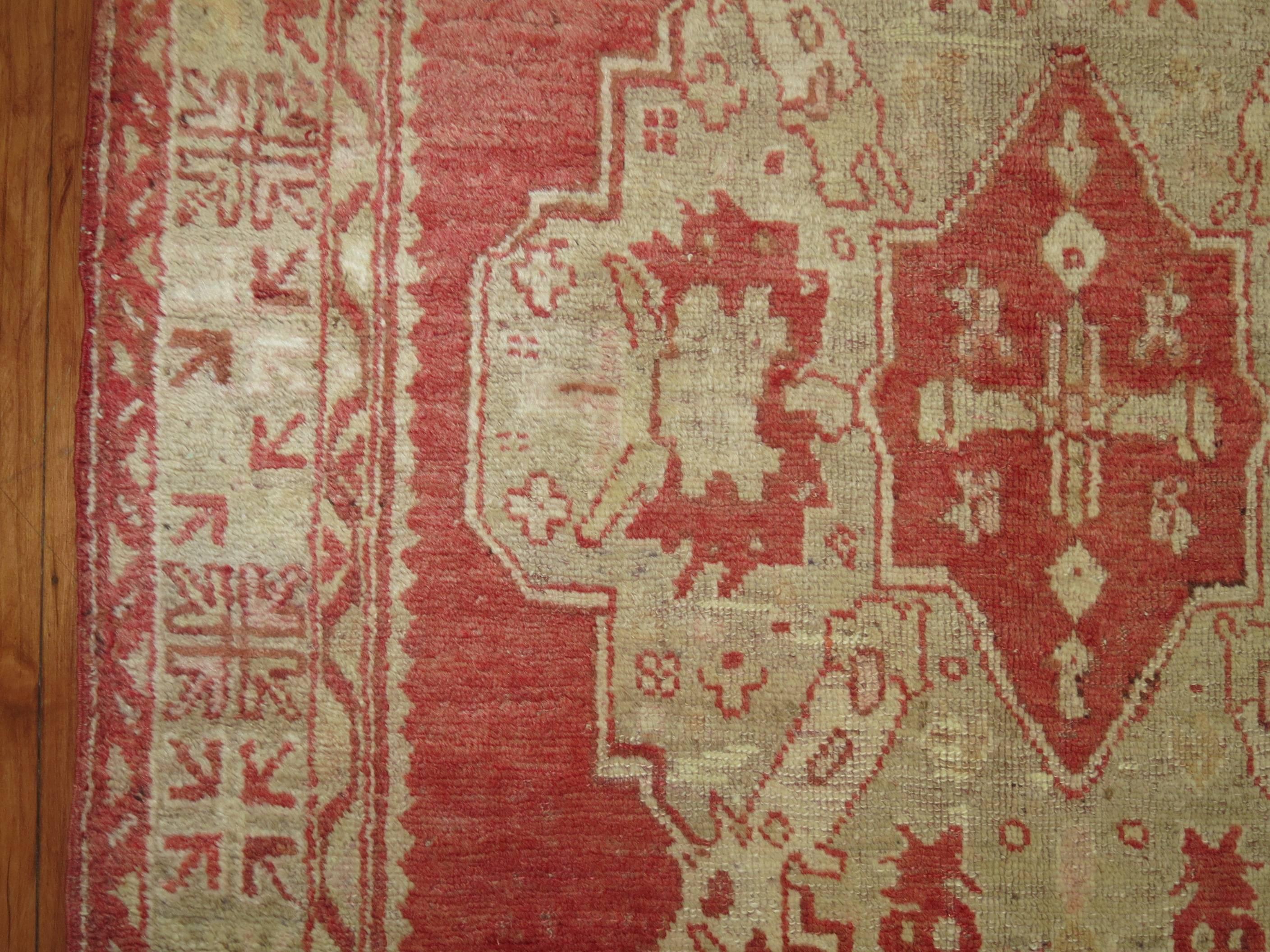 Hand-Woven Watermelon Red Antique Oushak 20th Century Rug For Sale