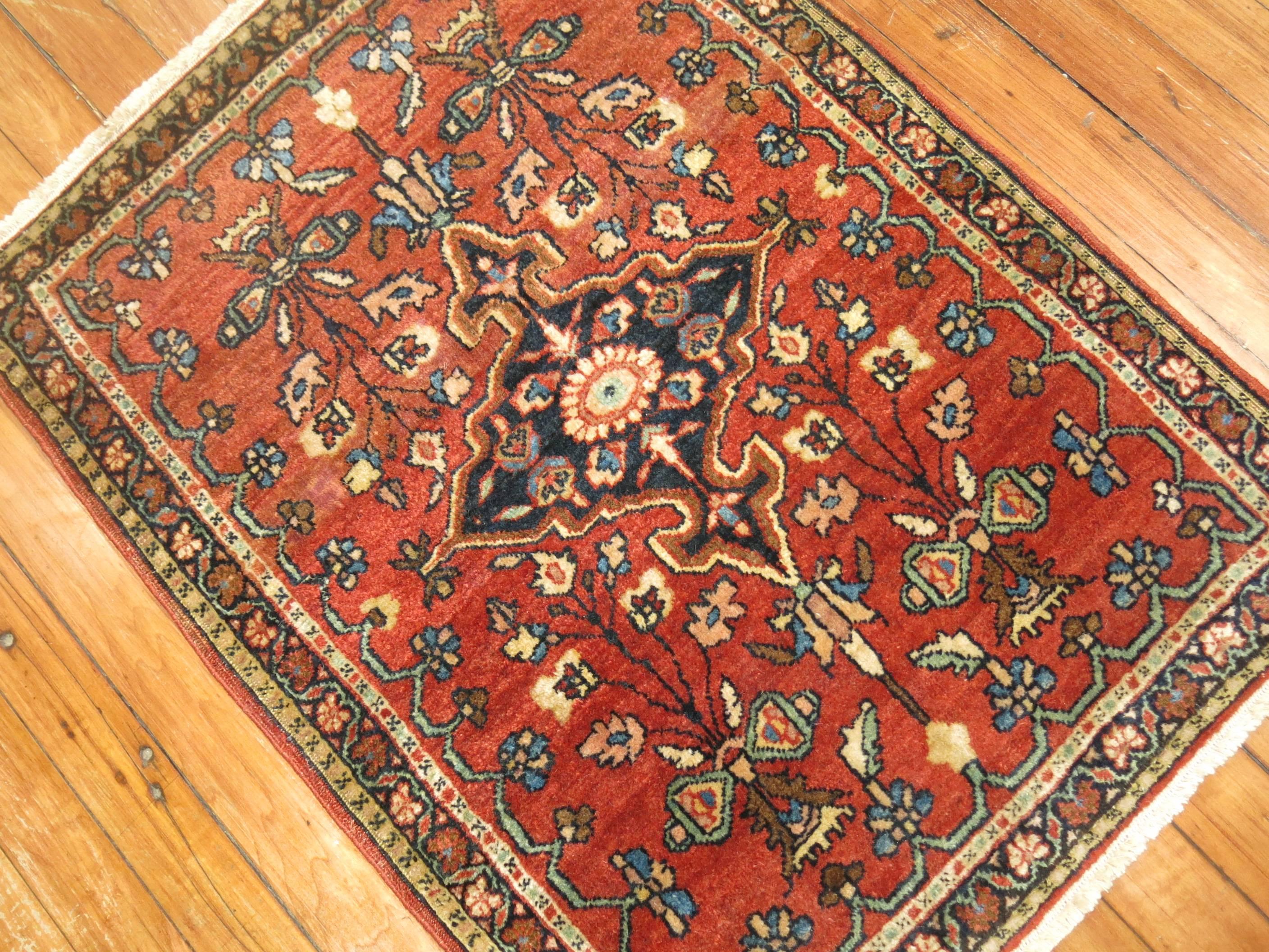 Persian Zabihi Collection Traditional Full Pile Mat Size Antique Sarouk Ferehan Rug For Sale