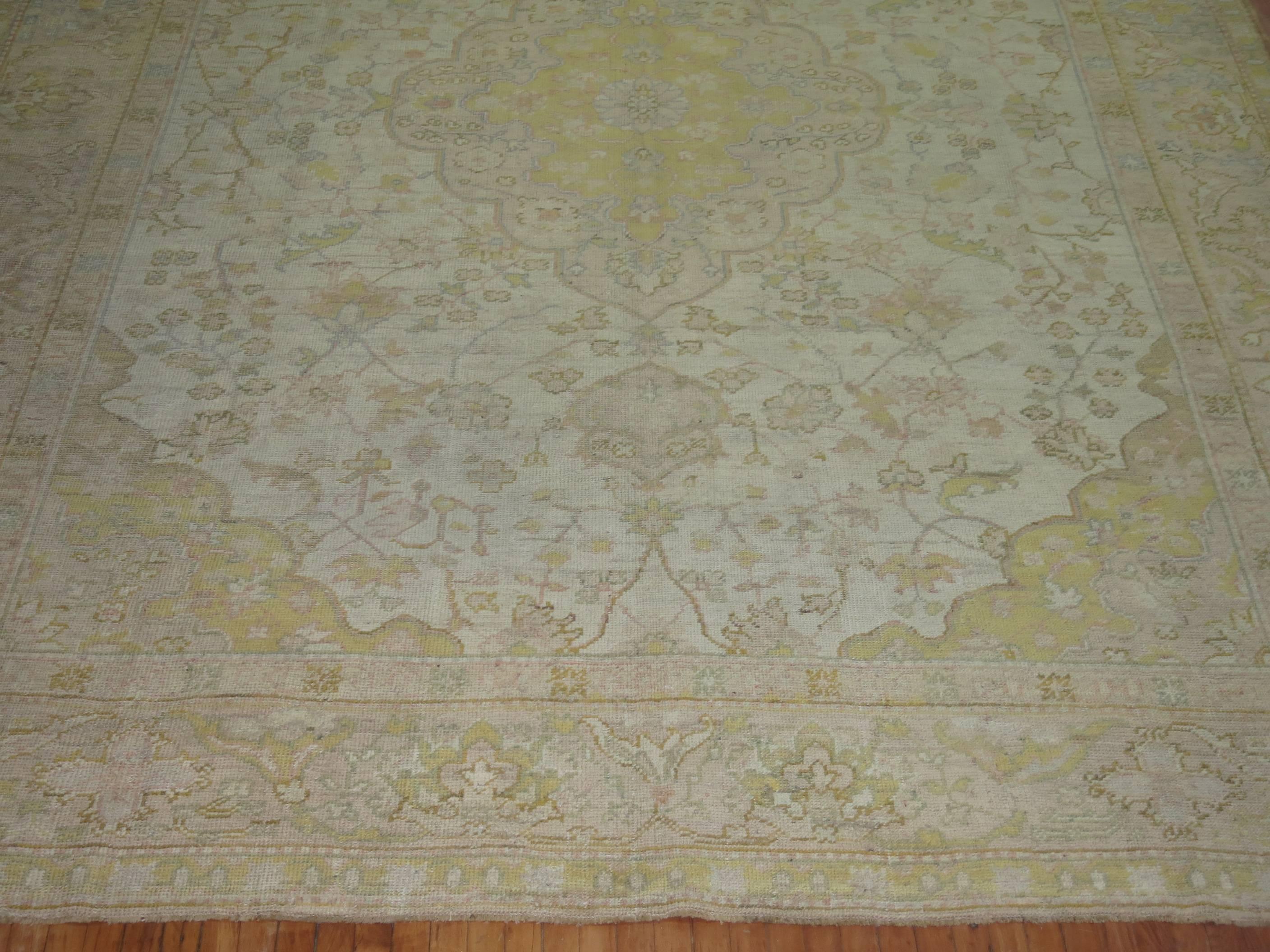 Hand-Woven Ivory Pink Yellow Antique Turkish Oushak Rug, Early 20th Century For Sale