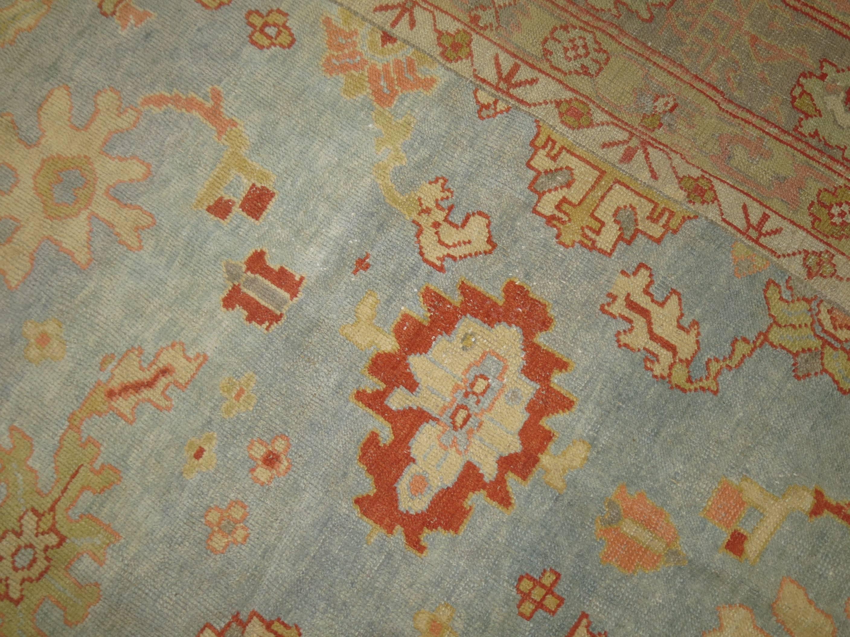 Blue Rider Zabihi Collection Blue Antique Turkish Oushak Rug For Sale