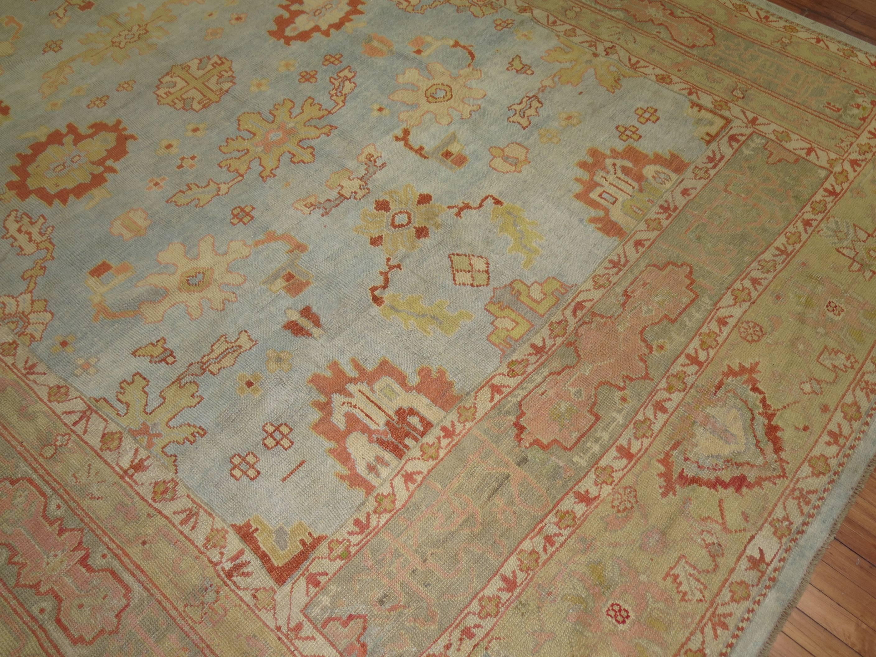 Hand-Woven Zabihi Collection Blue Antique Turkish Oushak Rug For Sale
