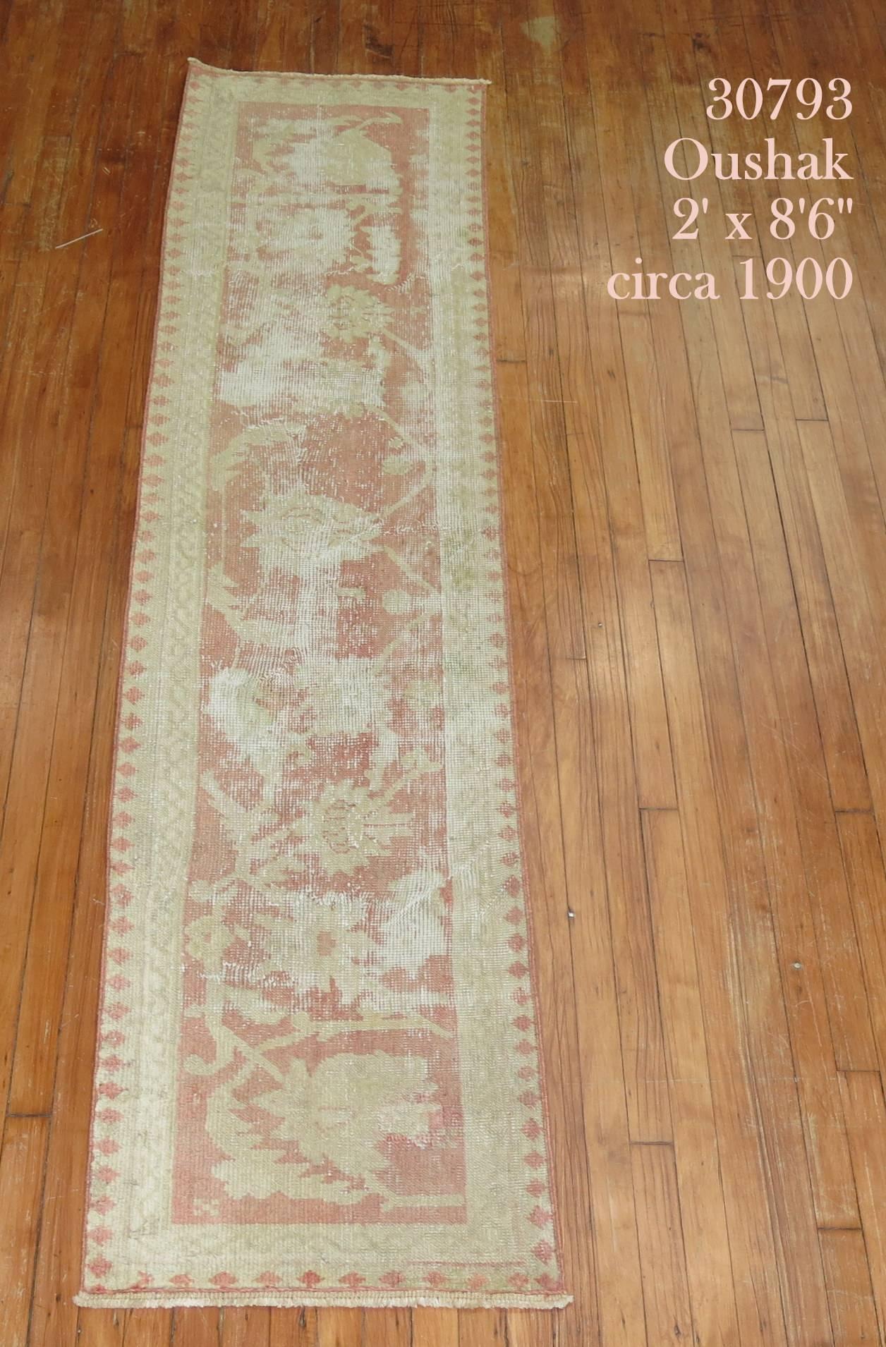 Hand-Knotted Soft Pink  Antique Oushak Runner For Sale