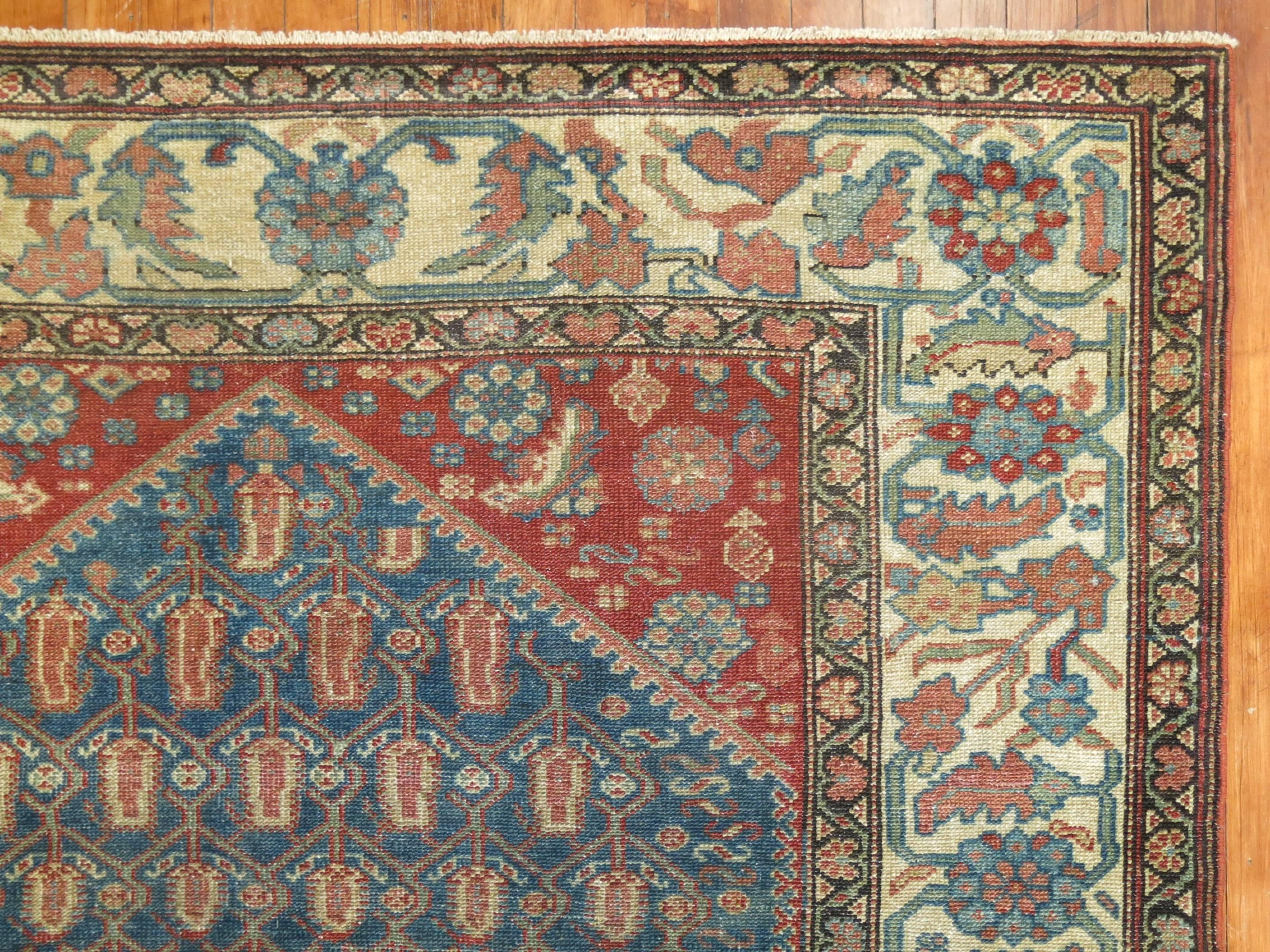 Hand-Knotted Rustic Blue Rust Antique Persian Malayer Rug