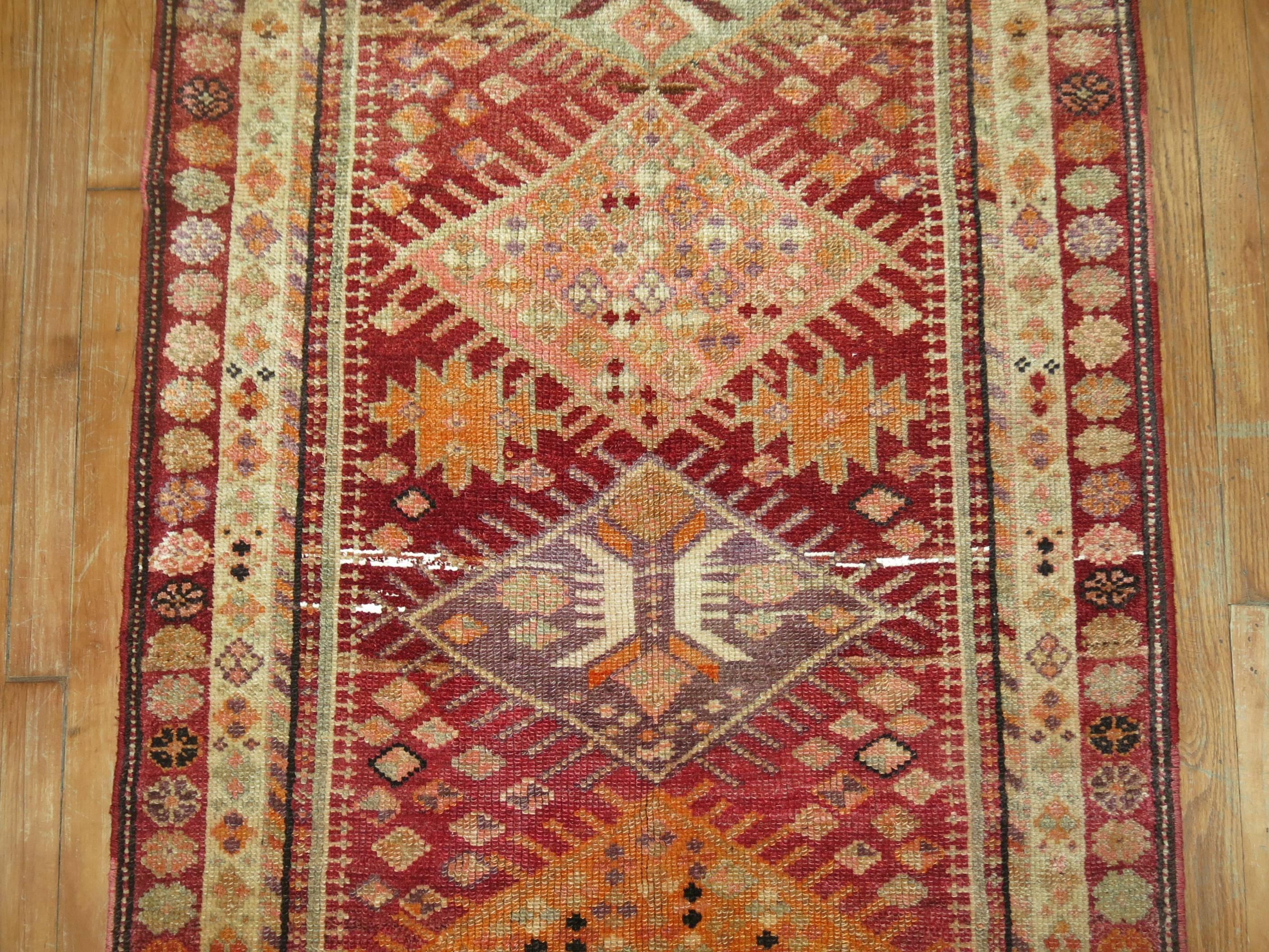 Bohemian Blood Red Mid-20th Century Geometric Turkish Anatolian Runner For Sale