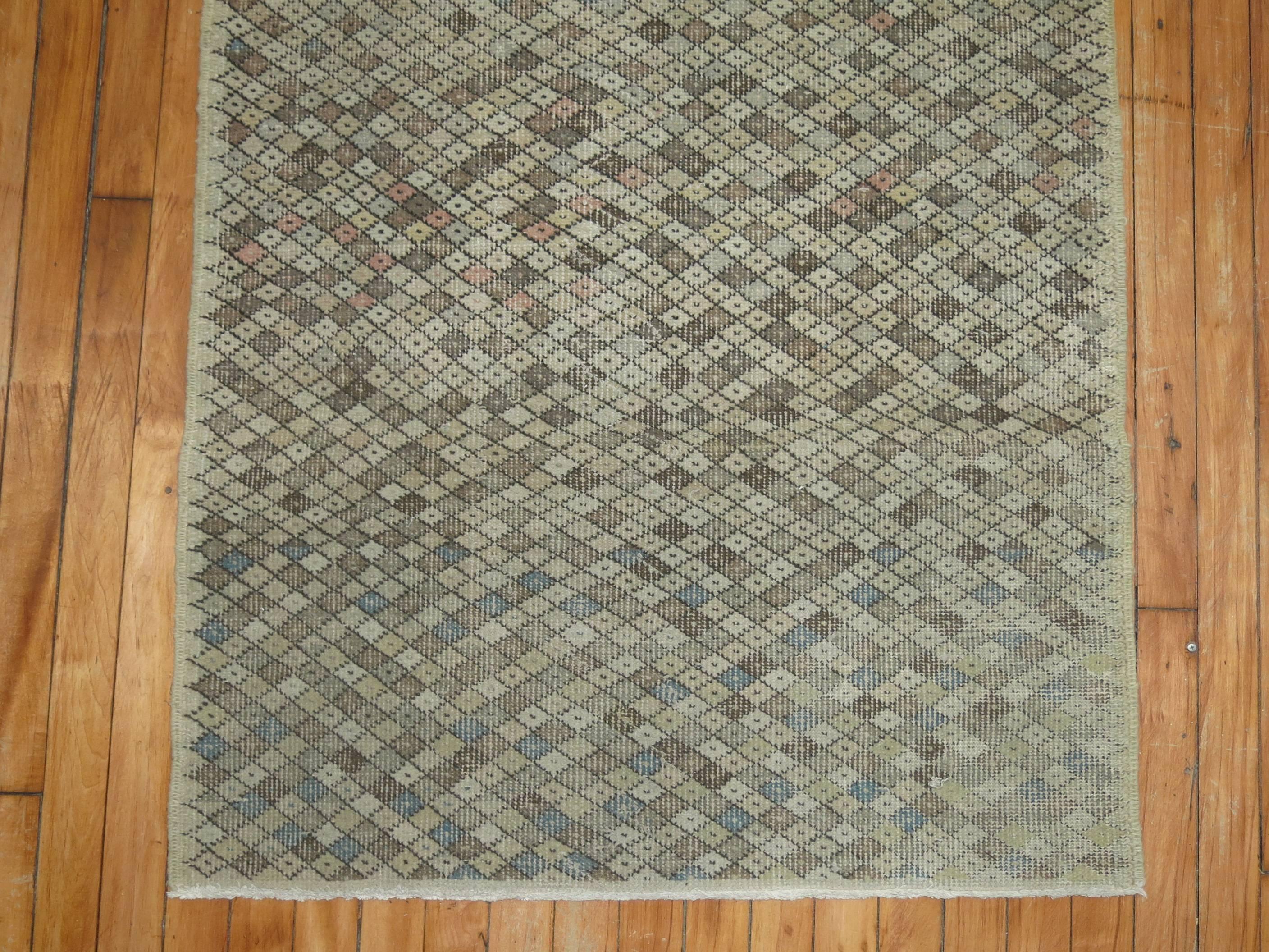 Hand-Knotted Neutral Turkish Deco Runner