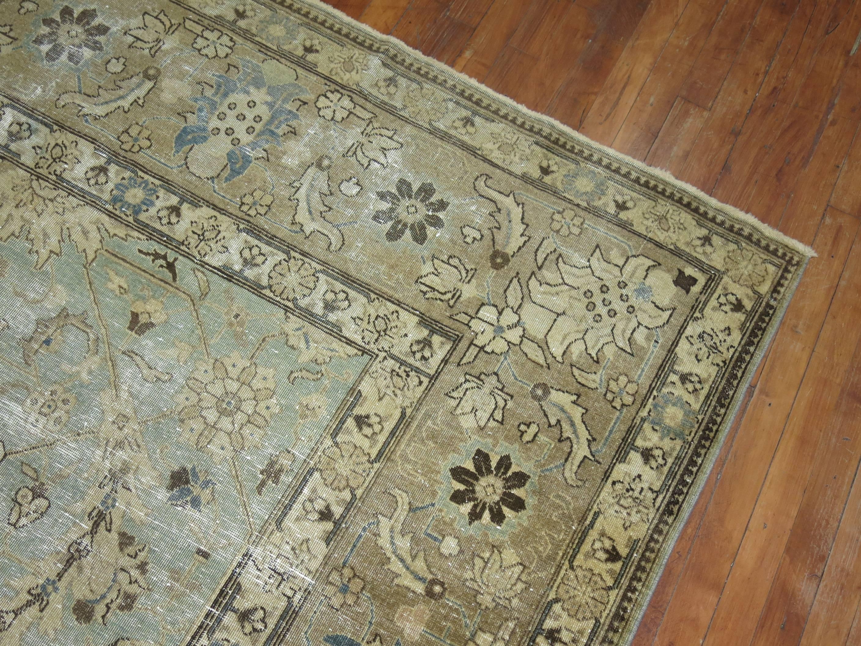 Mint Green Shabby Chic Persian Tabriz Carpet In Distressed Condition For Sale In New York, NY