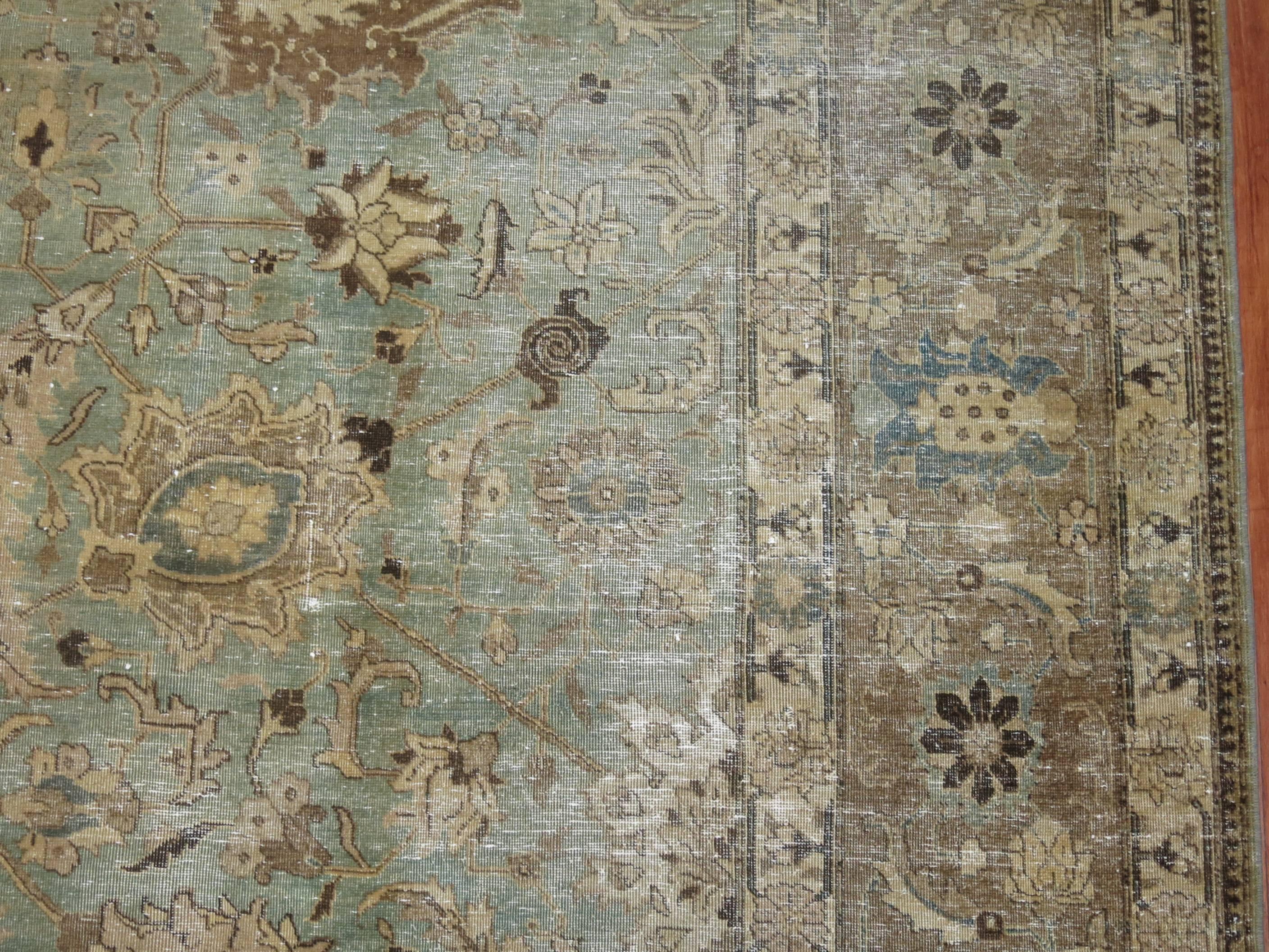 Agra Mint Green Shabby Chic Persian Tabriz Carpet For Sale