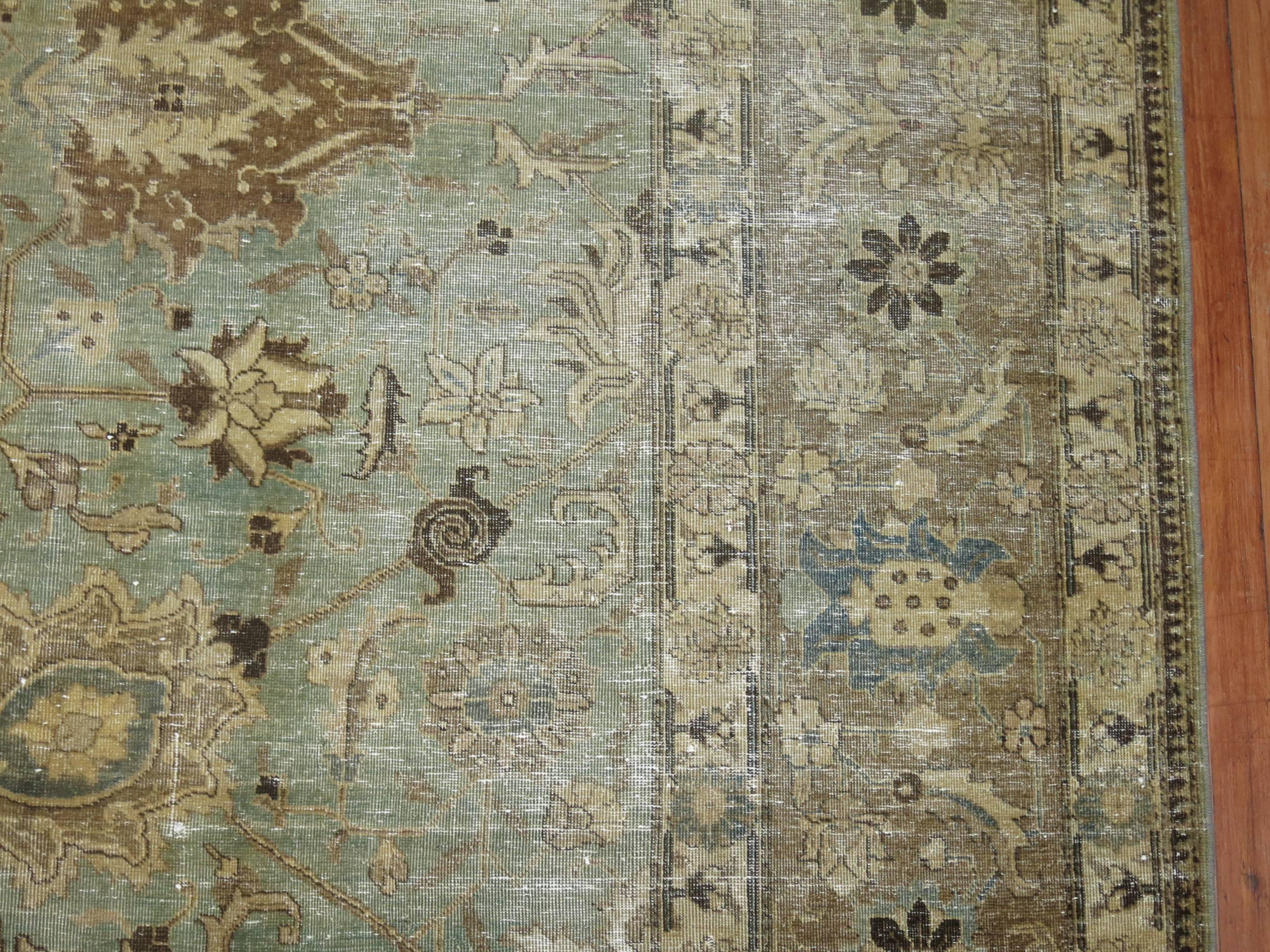 Hand-Knotted Mint Green Shabby Chic Persian Tabriz Carpet For Sale