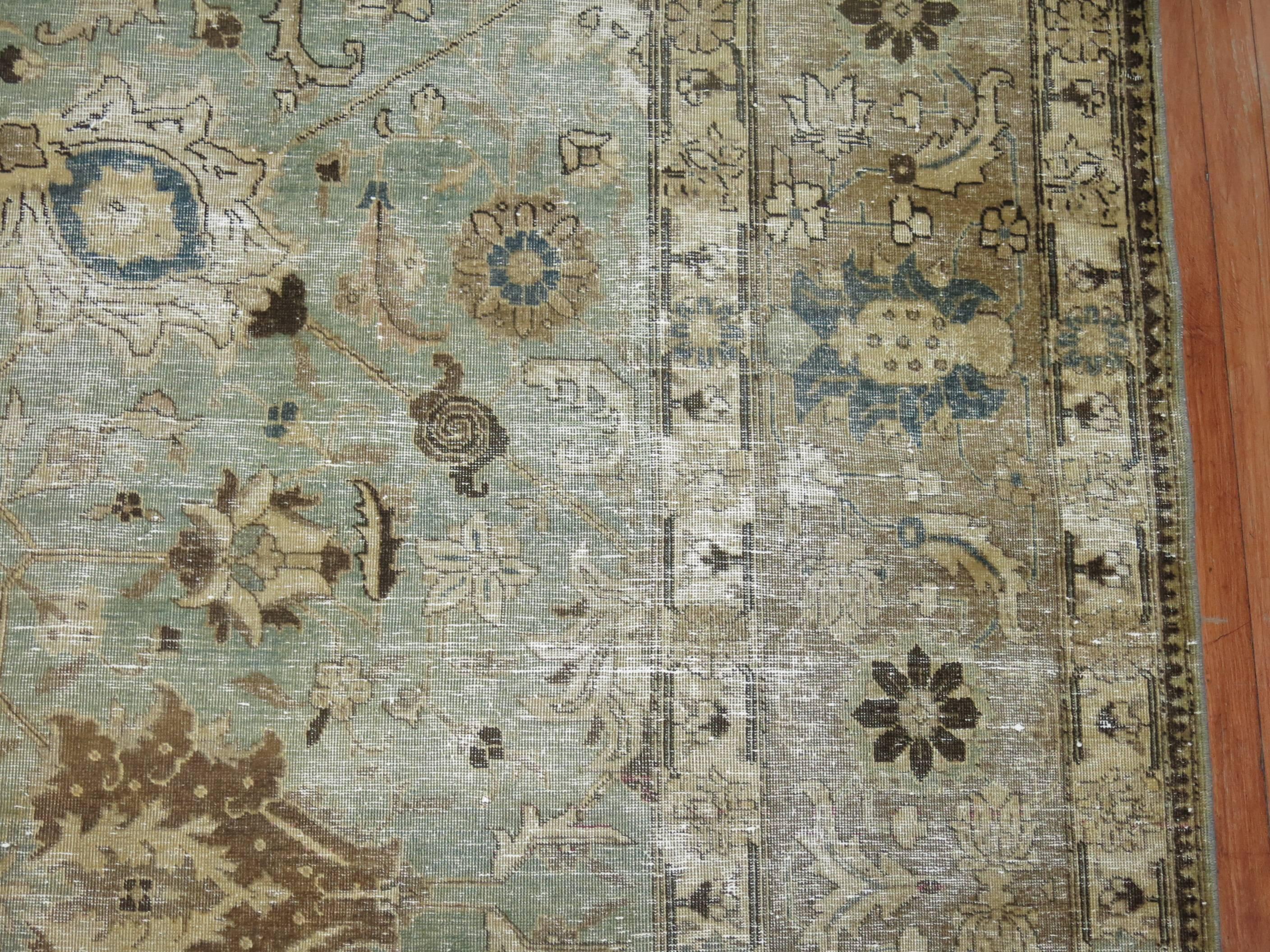 Mint Green Shabby Chic Persian Tabriz Carpet For Sale 1
