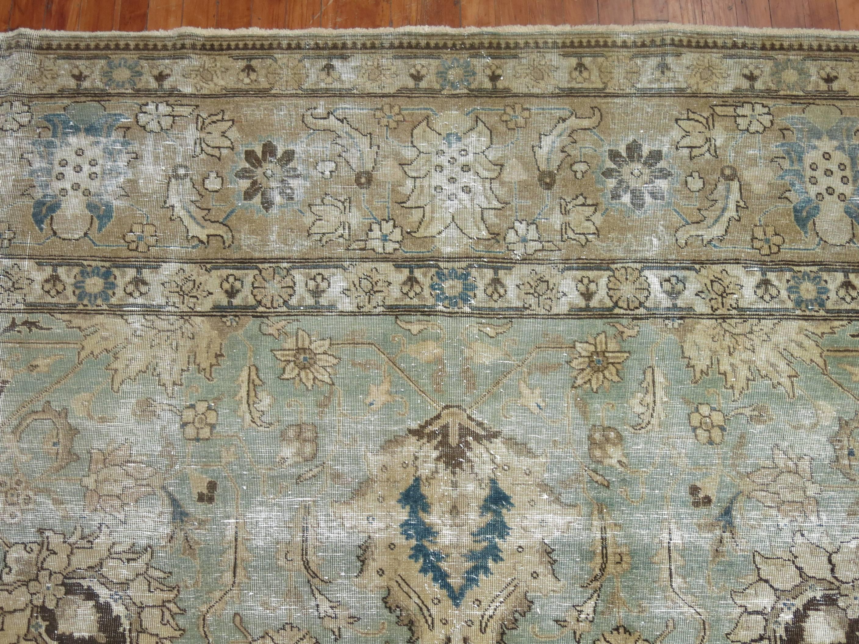 20th Century Mint Green Shabby Chic Persian Tabriz Carpet For Sale