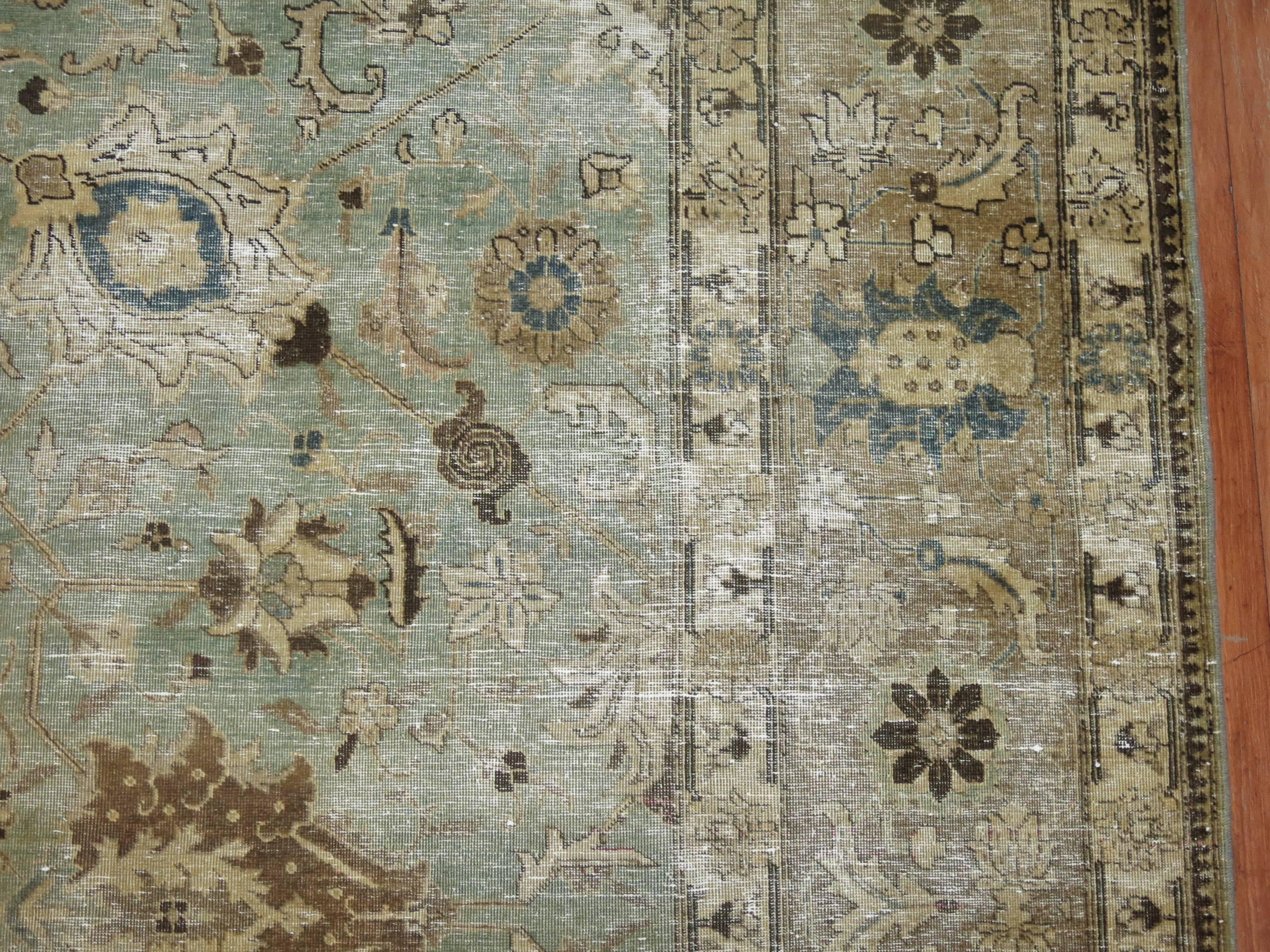 Wool Mint Green Shabby Chic Persian Tabriz Carpet For Sale