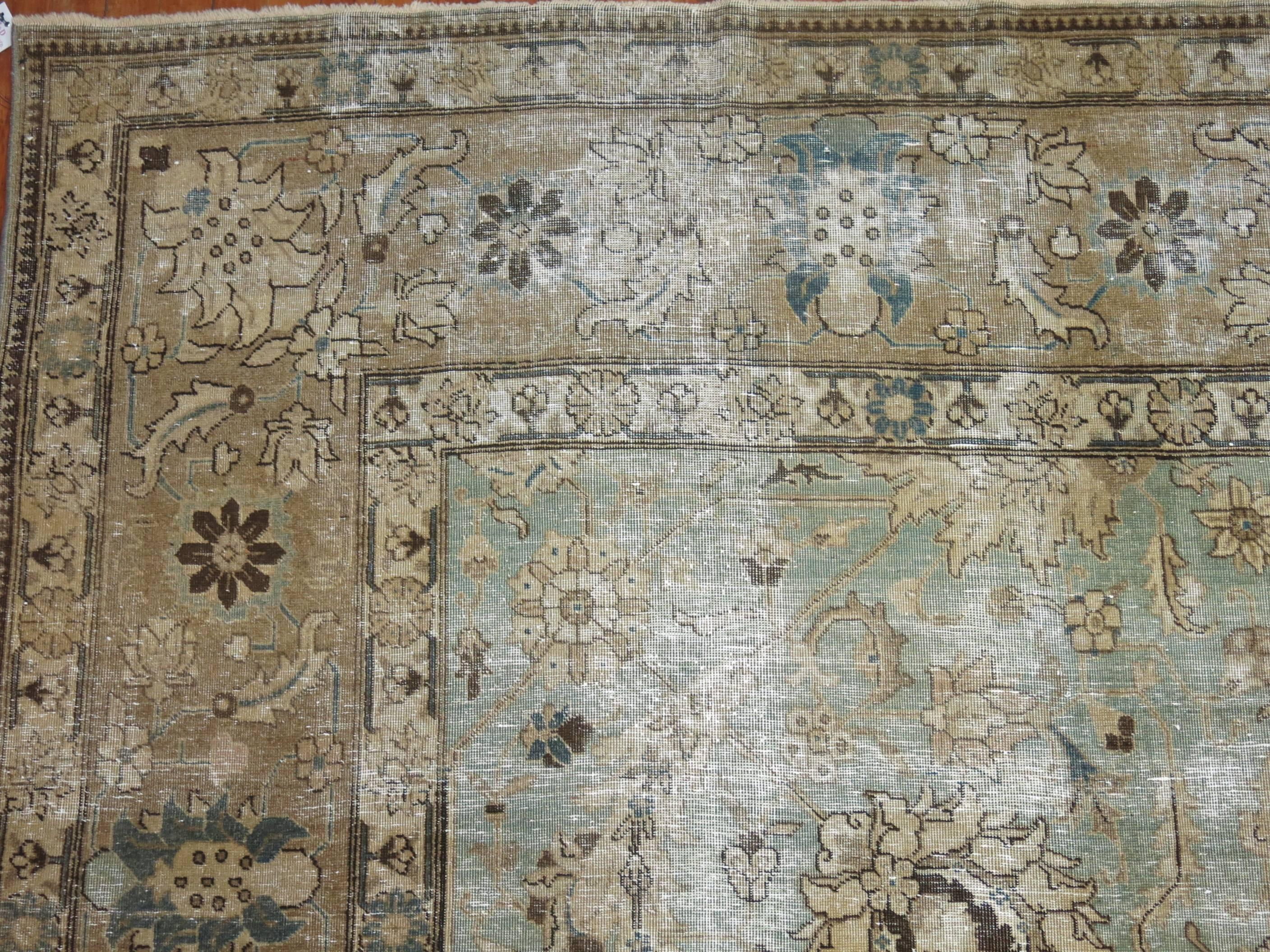 Mint Green Shabby Chic Persian Tabriz Carpet For Sale 2